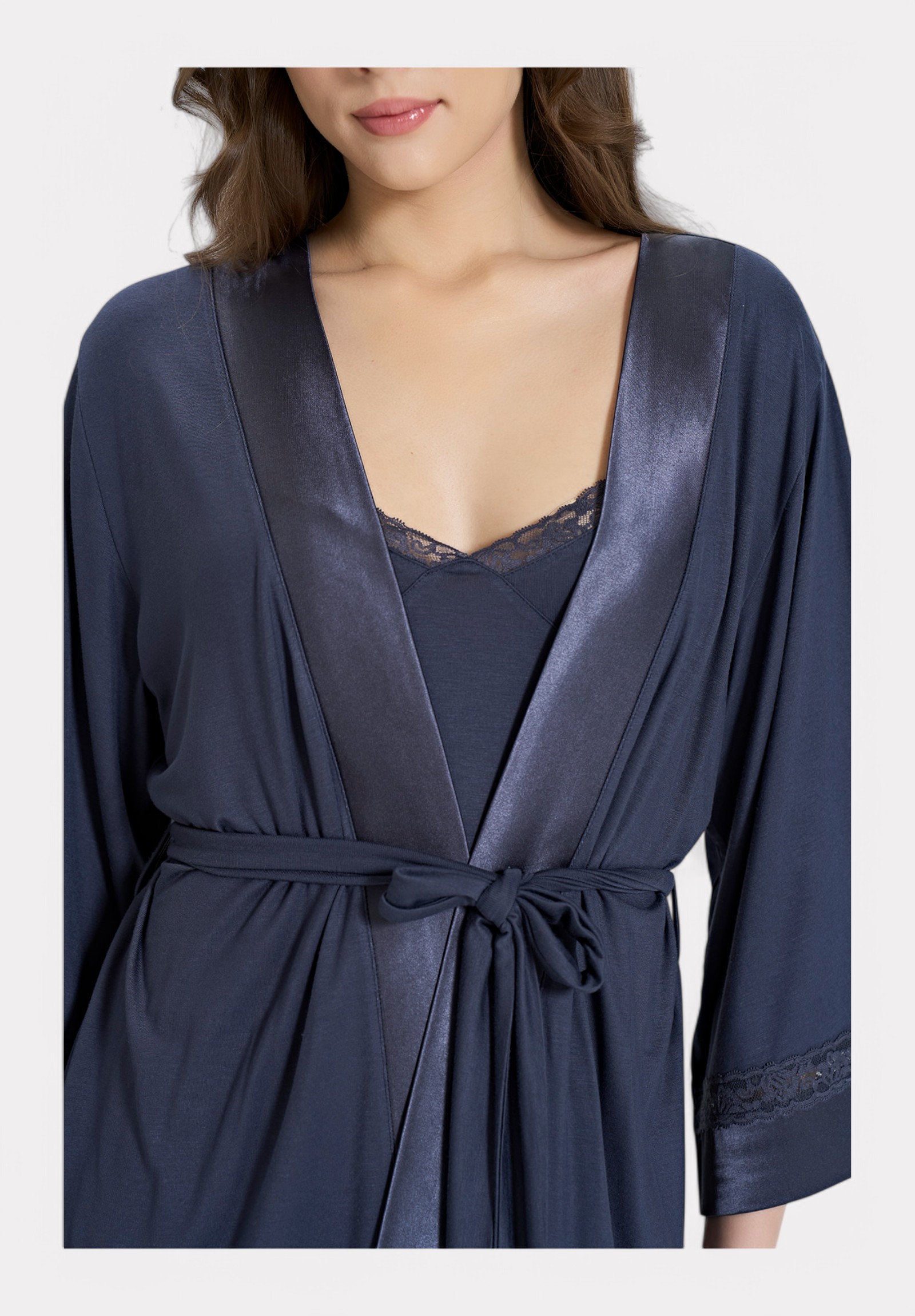 Pijadore Ρόμπα με Σατέν Γιακά & Δαντέλα – Μπλε Νυχτερινό PJDR1859-2-Μπλε φωτογραφία