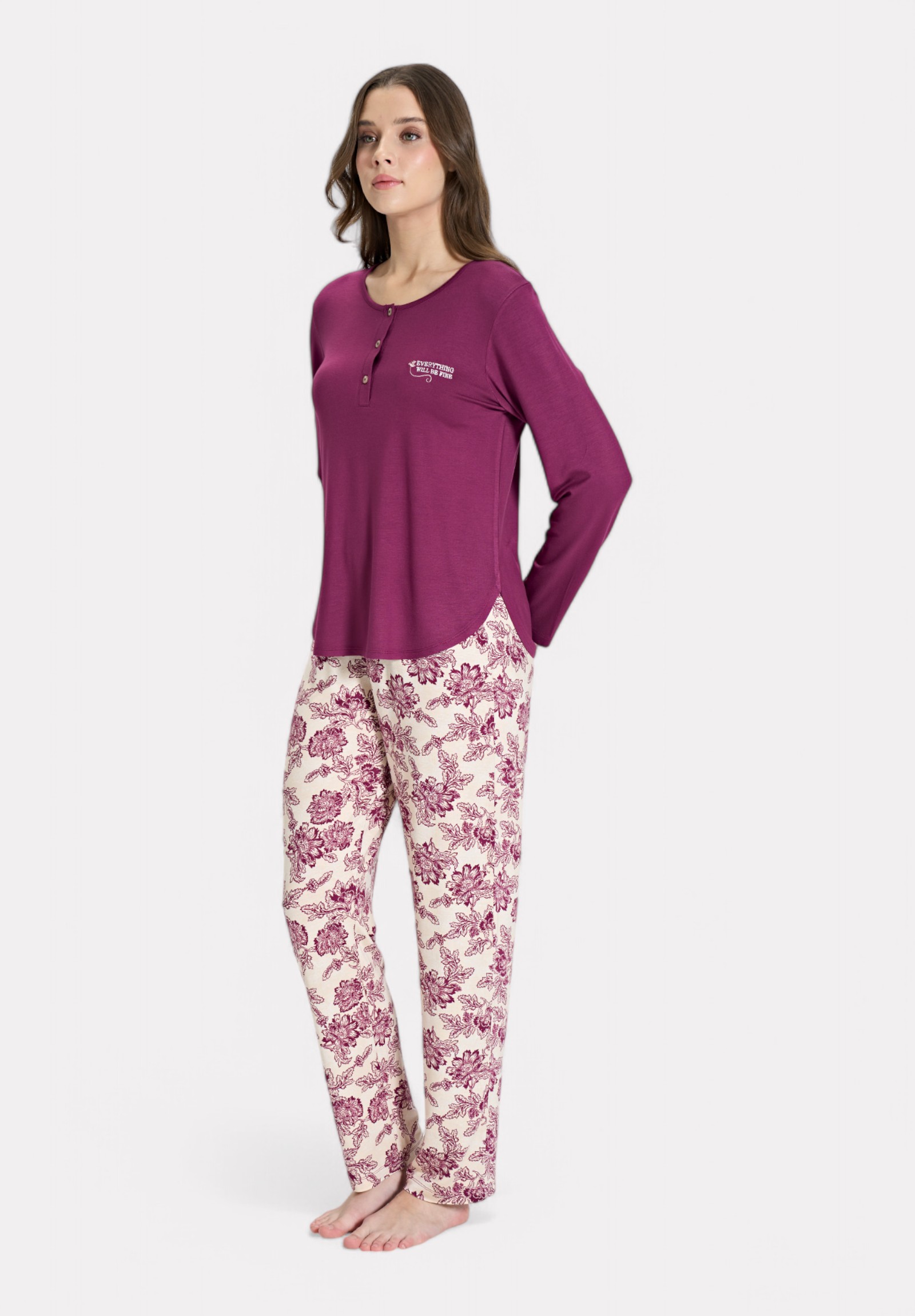 Pijadore Πιτζάμα Pijadore Δαμασκηνί Floral Μακρυμάνικη PJDR1857-1-Μπορντώ