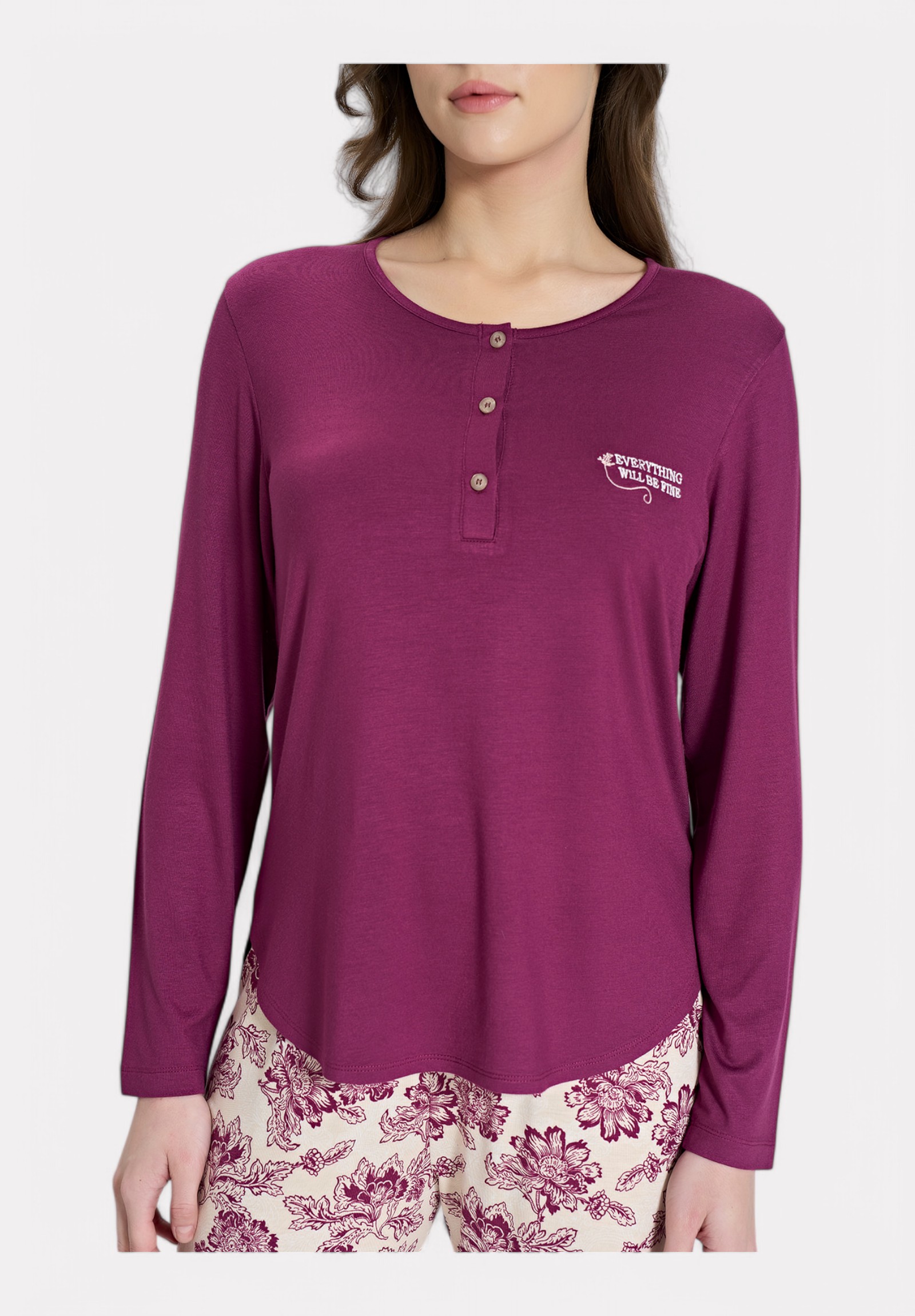 Πιτζάμα Pijadore Δαμασκηνί Floral Μακρυμάνικη PJDR1857-1-Μπορντώ φωτογραφία