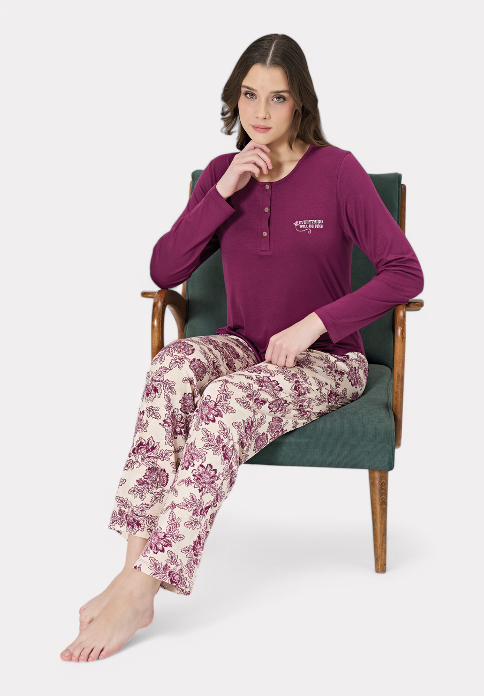 Πιτζάμα Pijadore Δαμασκηνί Floral Μακρυμάνικη PJDR1857-1-Μπορντώ φωτογραφία