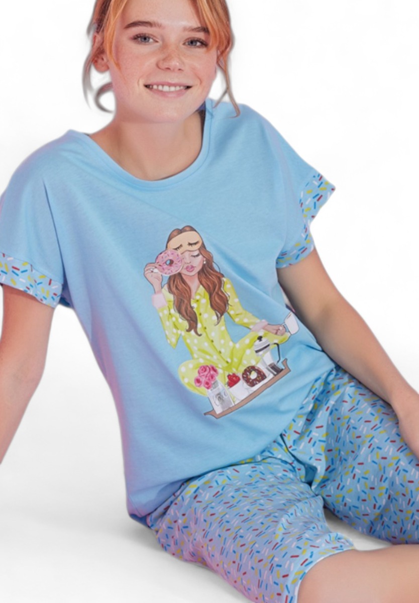 Πιτζάμα γυναικεία με κάπρι PijaMood Donut Blue PJMD11514-Γαλάζιο φωτογραφία