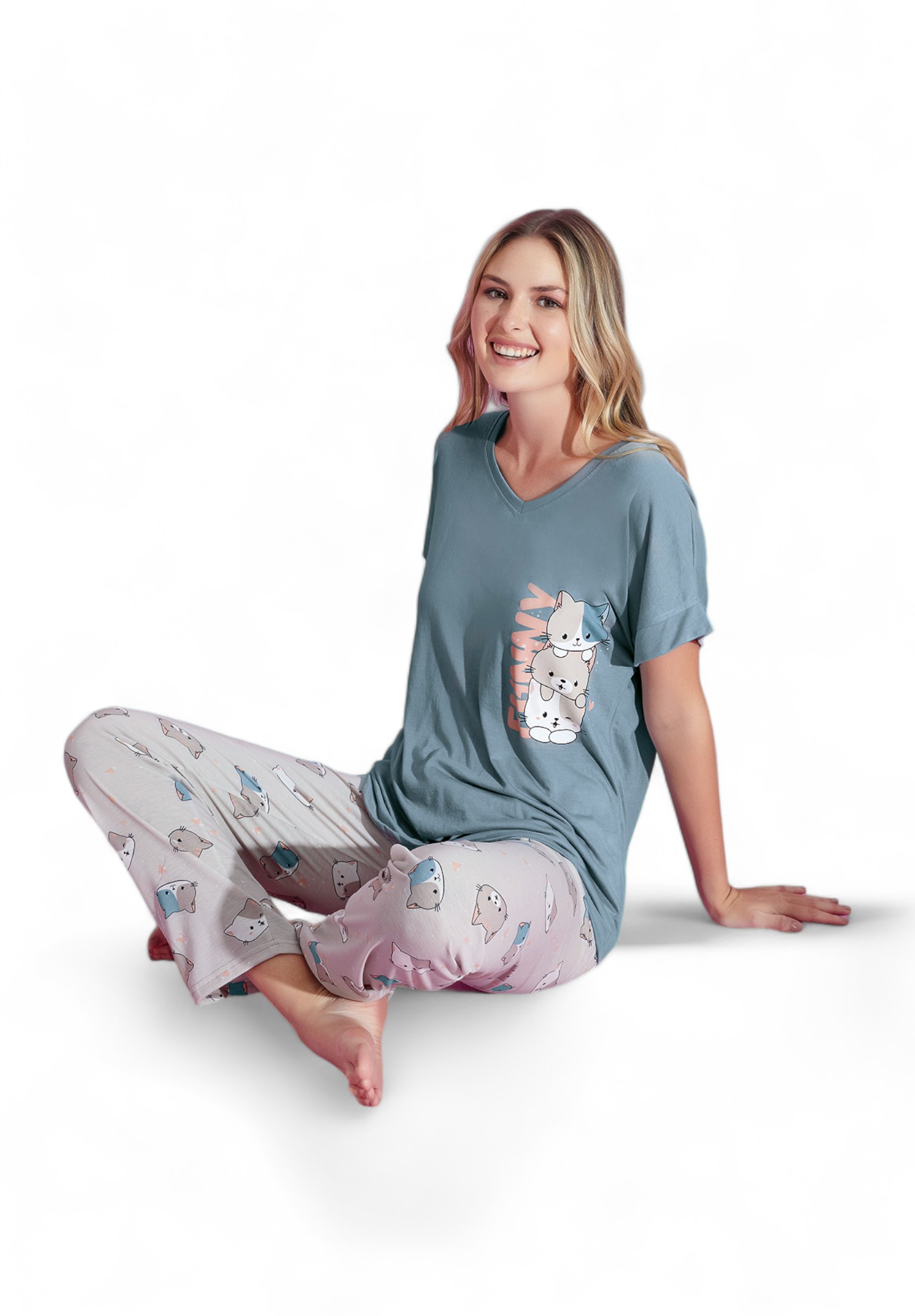 Πιτζάμα γυναικεία μακρύ παντελόνι PijaMood Cats PJMD12724-Πολύχρωμο φωτογραφία