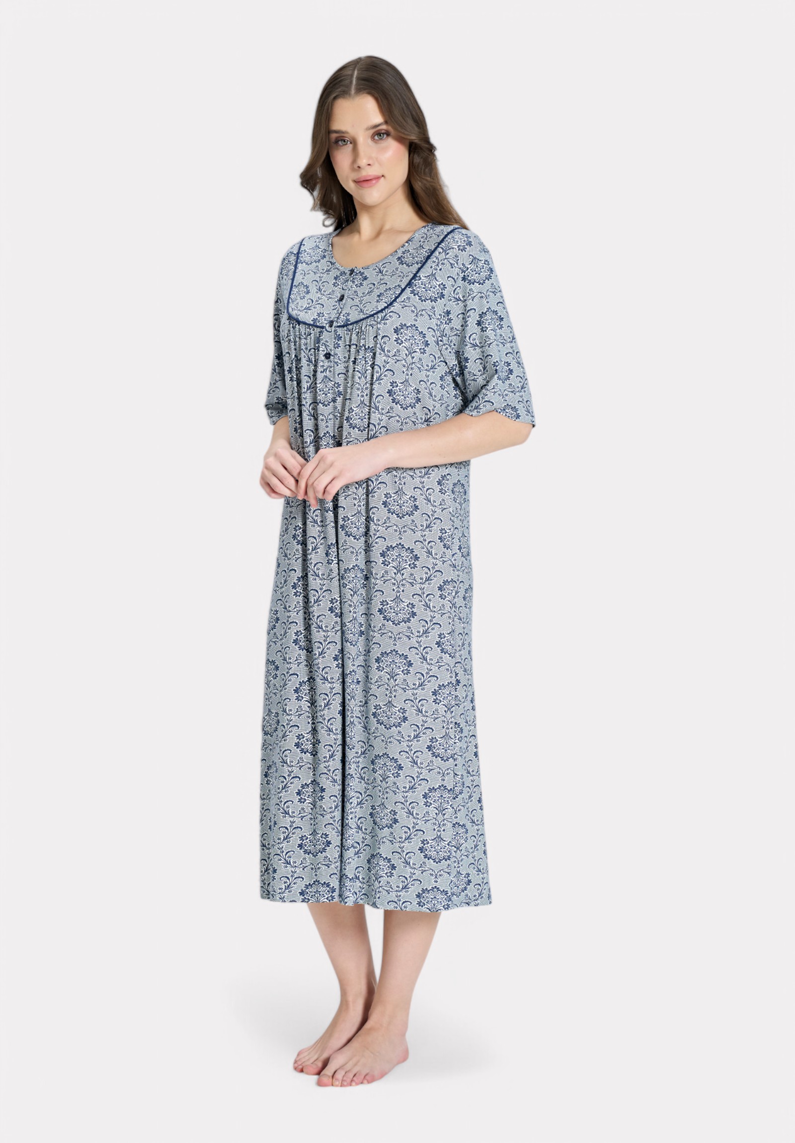 Pijadore Νυχτικιά με Μανίκι & Στρογγυλό Γιακά – Μπλε Patterned PJDR1845-1-Μπλε φωτογραφία