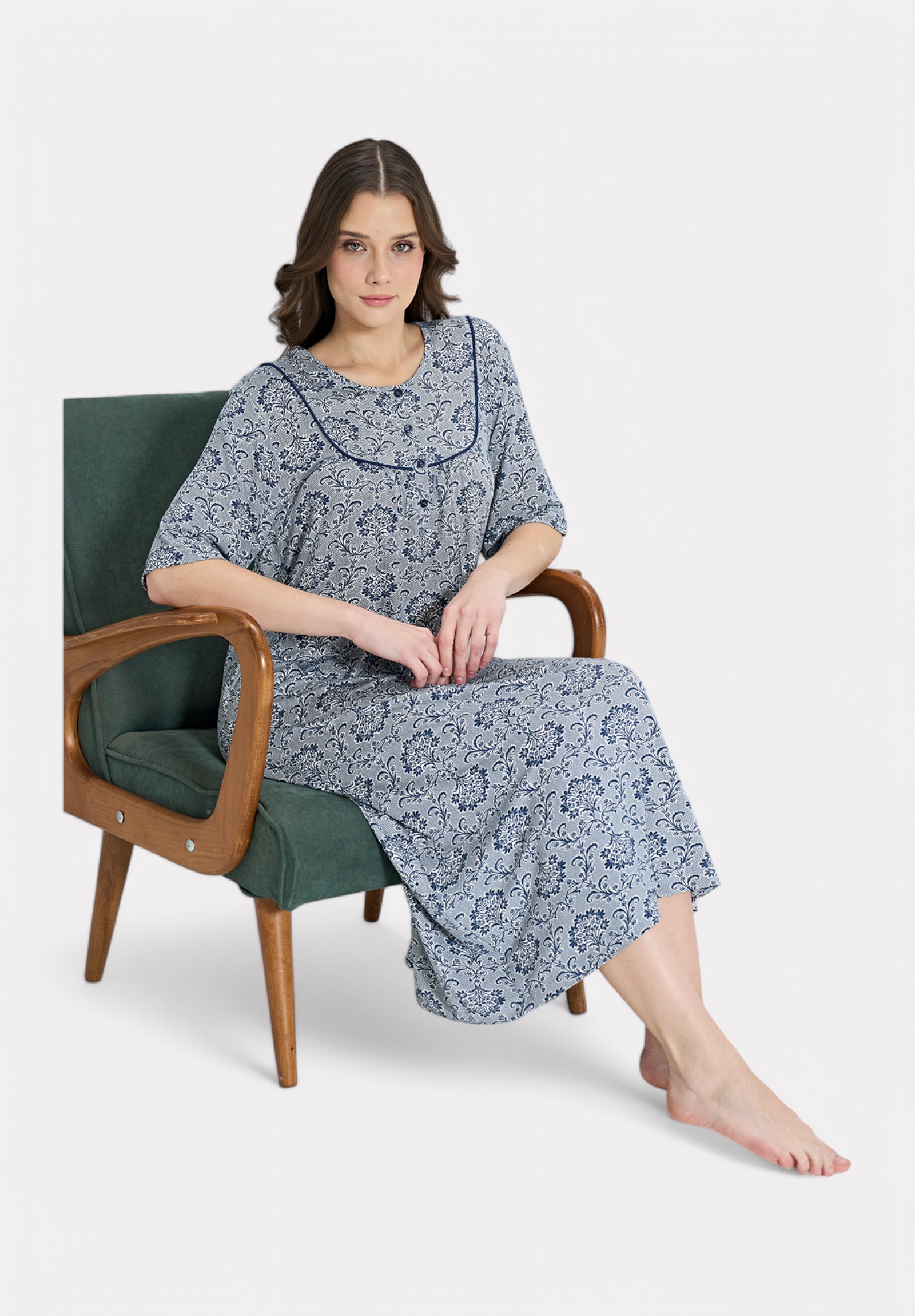 Pijadore Νυχτικιά με Μανίκι & Στρογγυλό Γιακά – Μπλε Patterned PJDR1845-1-Μπλε φωτογραφία