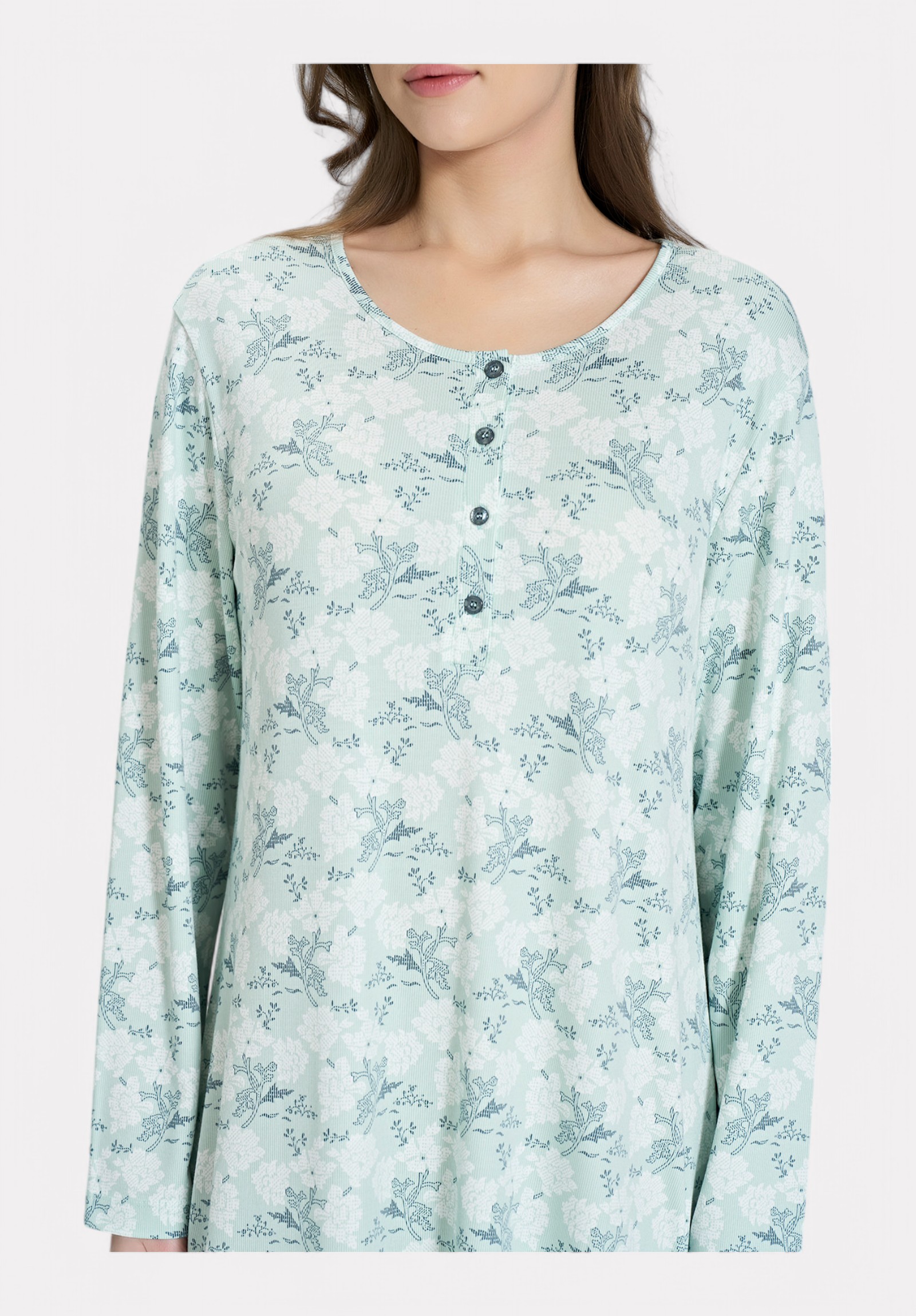 Pijadore Floral Νυχτικιά – Μακρυμάνικη με Κουμπιά (Πράσινη Mint) PJDR1843-2-Πράσινο φωτογραφία