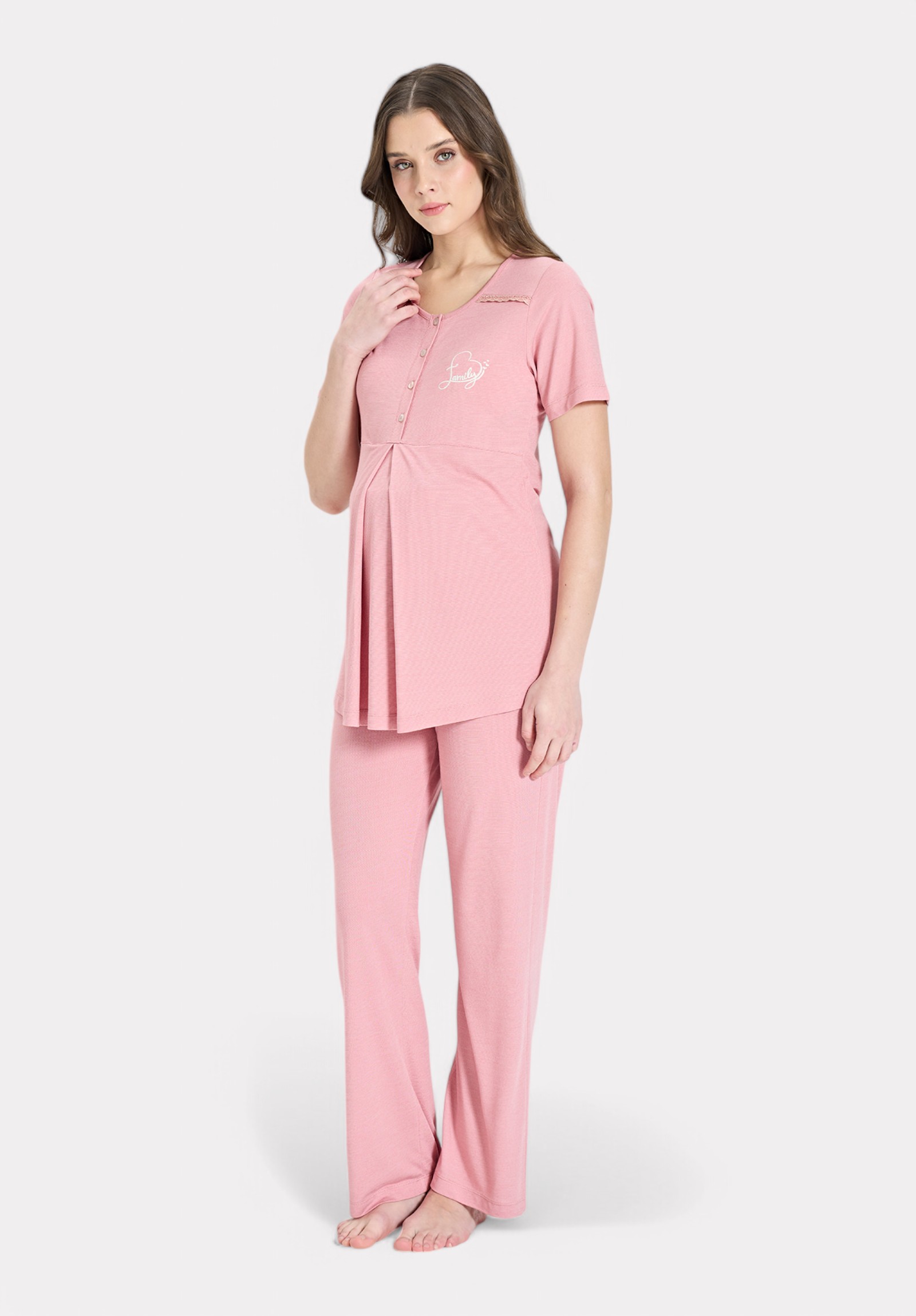 Pijadore Pijadore Πιτζάμα Εγκυμοσύνης – Ροζ με Κουμπιά & Εμπριμέ Family Logo PJDR1850-1-Ροζ
