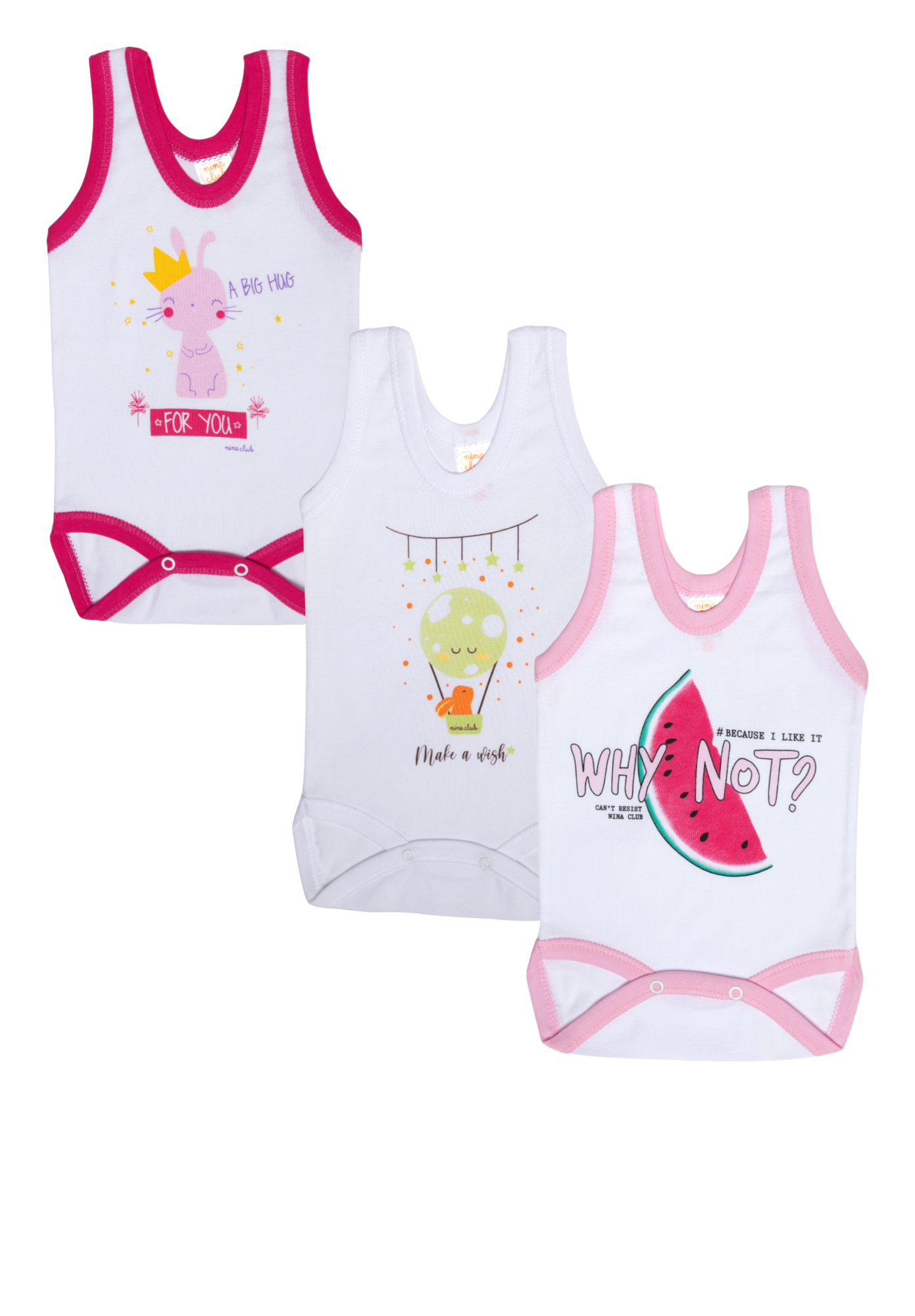 Nina Club Κορμάκια αμάνικα Girly Nina Club βαμβακερά 3 τεμάχια NCG70-Λευκό