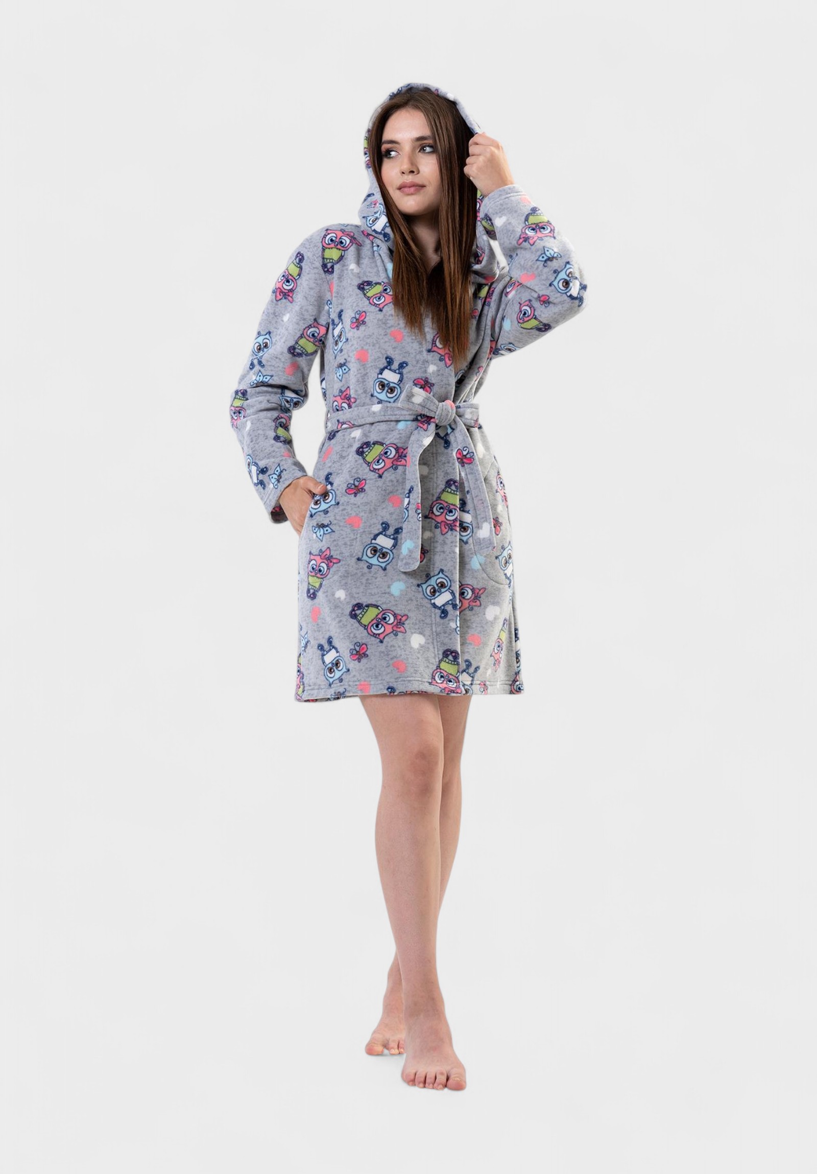 Vienetta Γυναικεία Ρόμπα Vienetta με Κουκούλα και Σχέδιο Κουκουβάγιες – Γκρι VNT9899-2-Γκρι