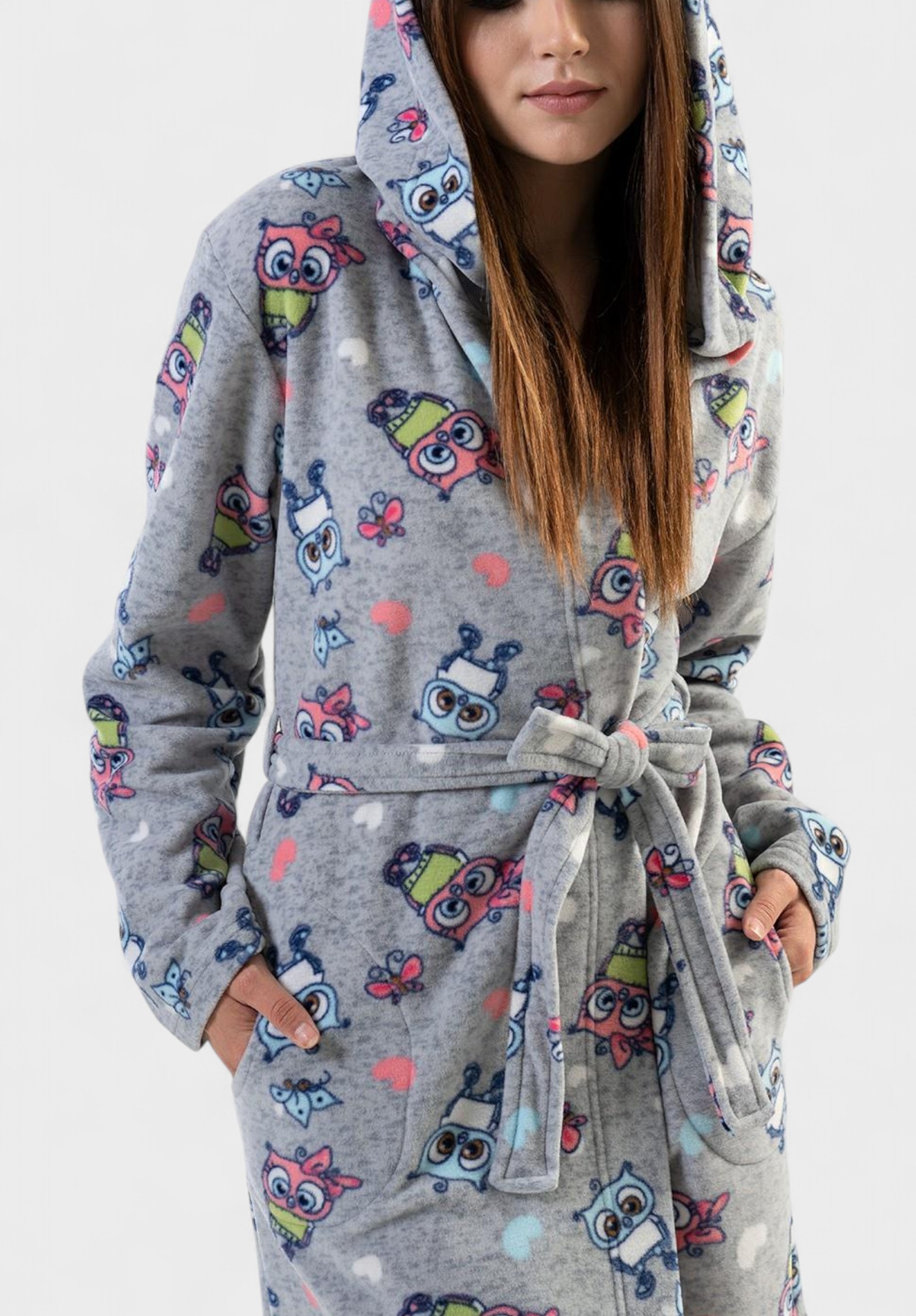 Γυναικεία Ρόμπα Vienetta με Κουκούλα και Σχέδιο Κουκουβάγιες – Γκρι VNT9899-2-Γκρι φωτογραφία
