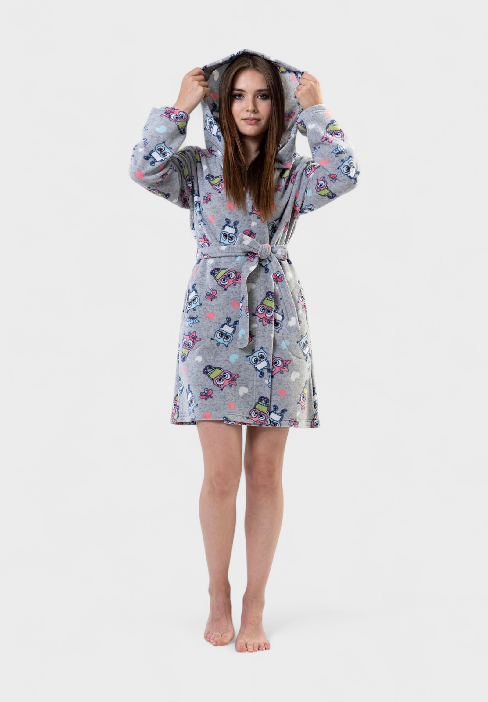 Γυναικεία Ρόμπα Vienetta με Κουκούλα και Σχέδιο Κουκουβάγιες – Γκρι VNT9899-2-Γκρι φωτογραφία