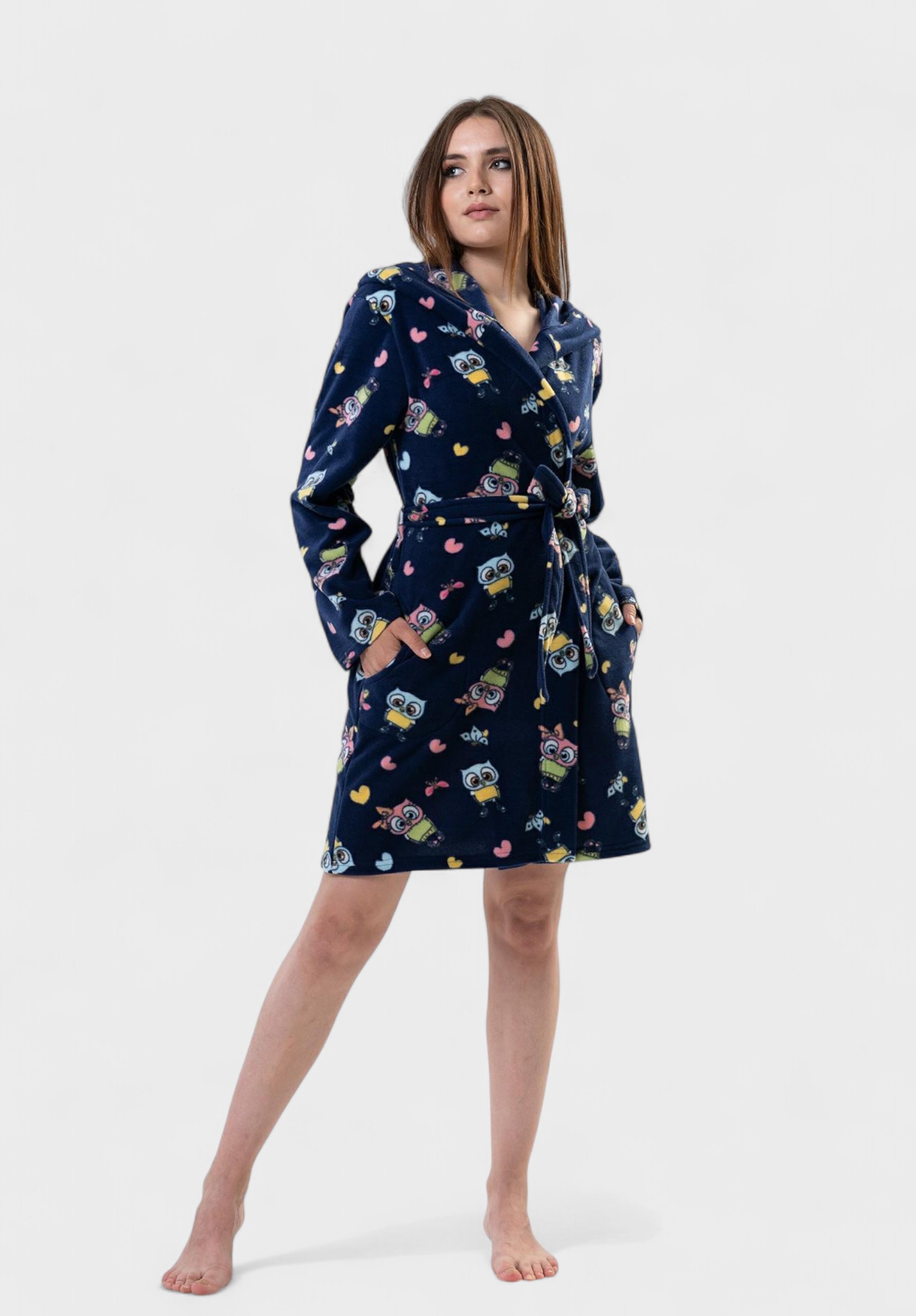 Γυναικεία Ρόμπα Vienetta με Κουκούλα και Σχέδιο Κουκουβάγιες – Μπλε Σκούρο VNT9899-1-Μπλε φωτογραφία