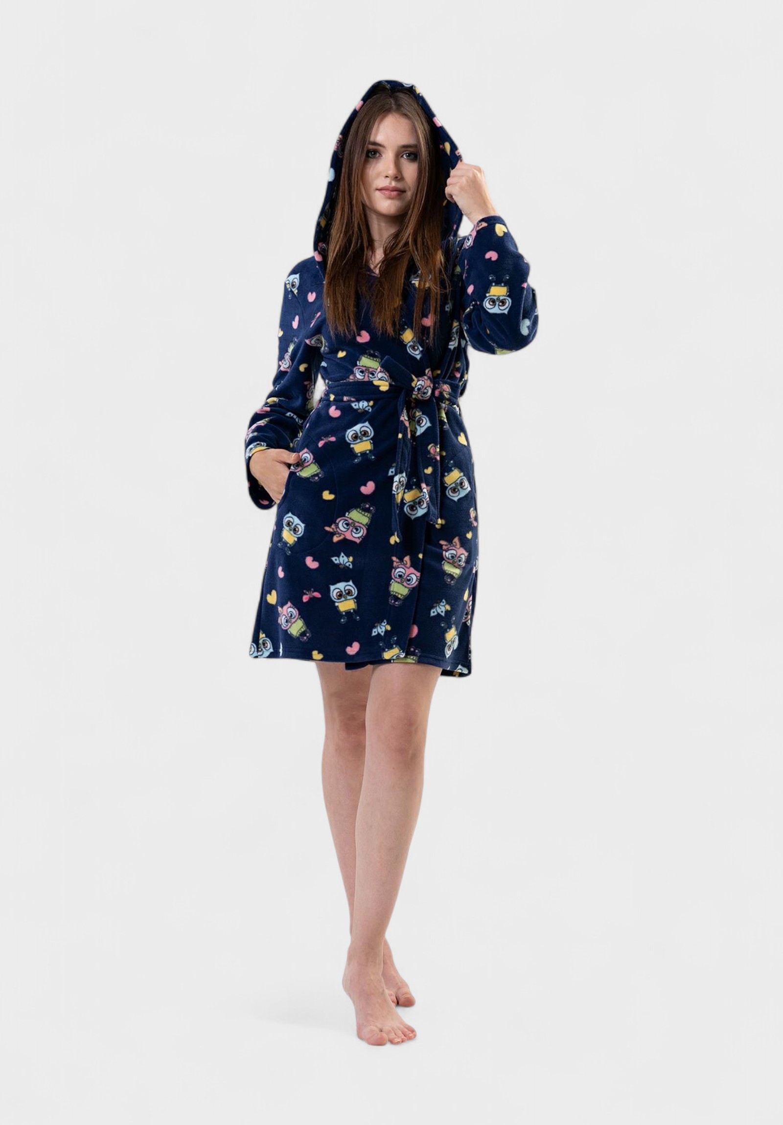 Γυναικεία Ρόμπα Vienetta με Κουκούλα και Σχέδιο Κουκουβάγιες – Μπλε Σκούρο VNT9899-1-Μπλε φωτογραφία