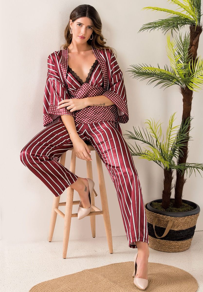 Σετ Πιτζάμα με Ρόμπα Σατέν Moongirl Bordo Dots & Stripes MG203-Μπορντώ φωτογραφία