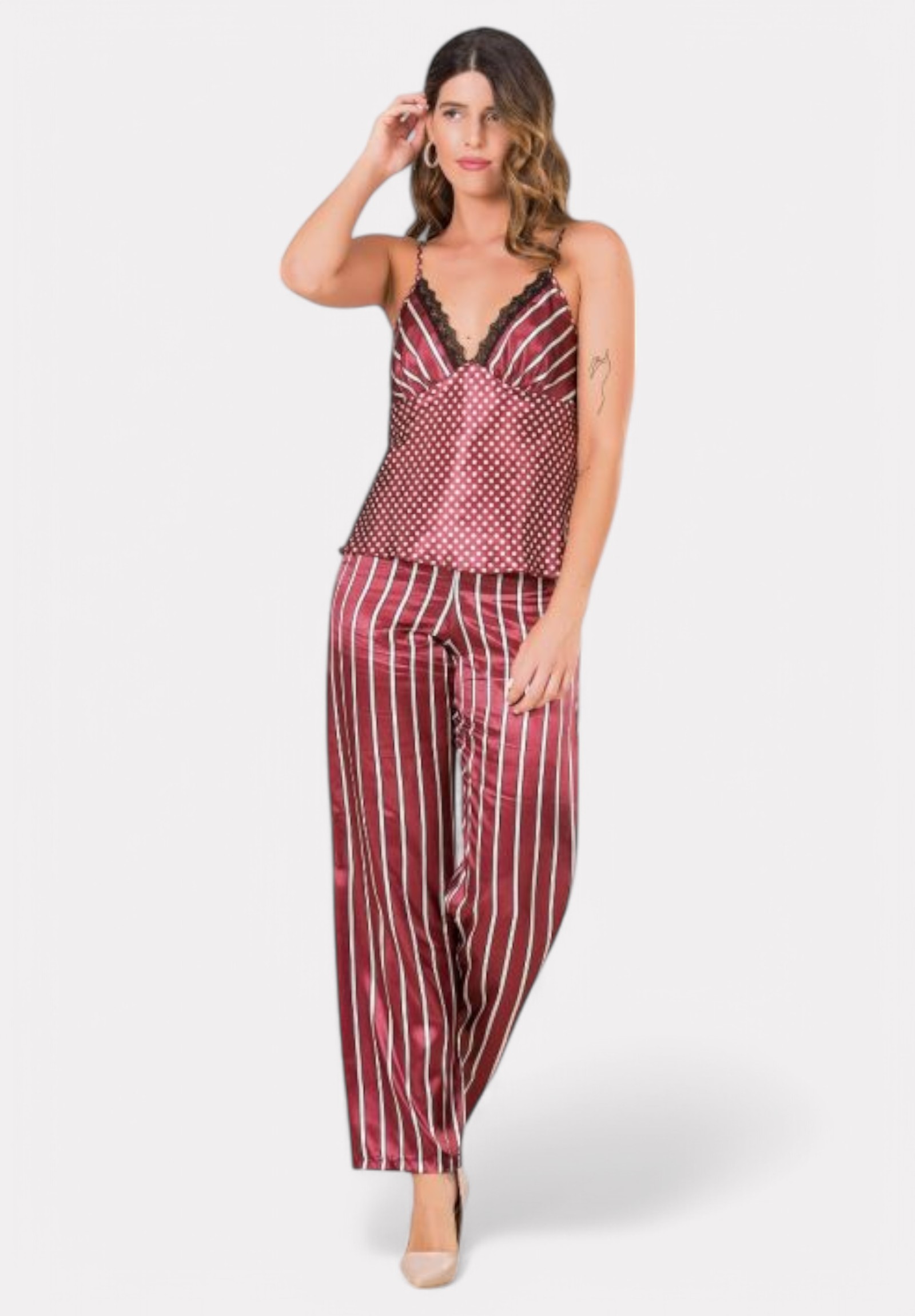 Σετ Πιτζάμα με Ρόμπα Σατέν Moongirl Bordo Dots & Stripes MG203-Μπορντώ φωτογραφία