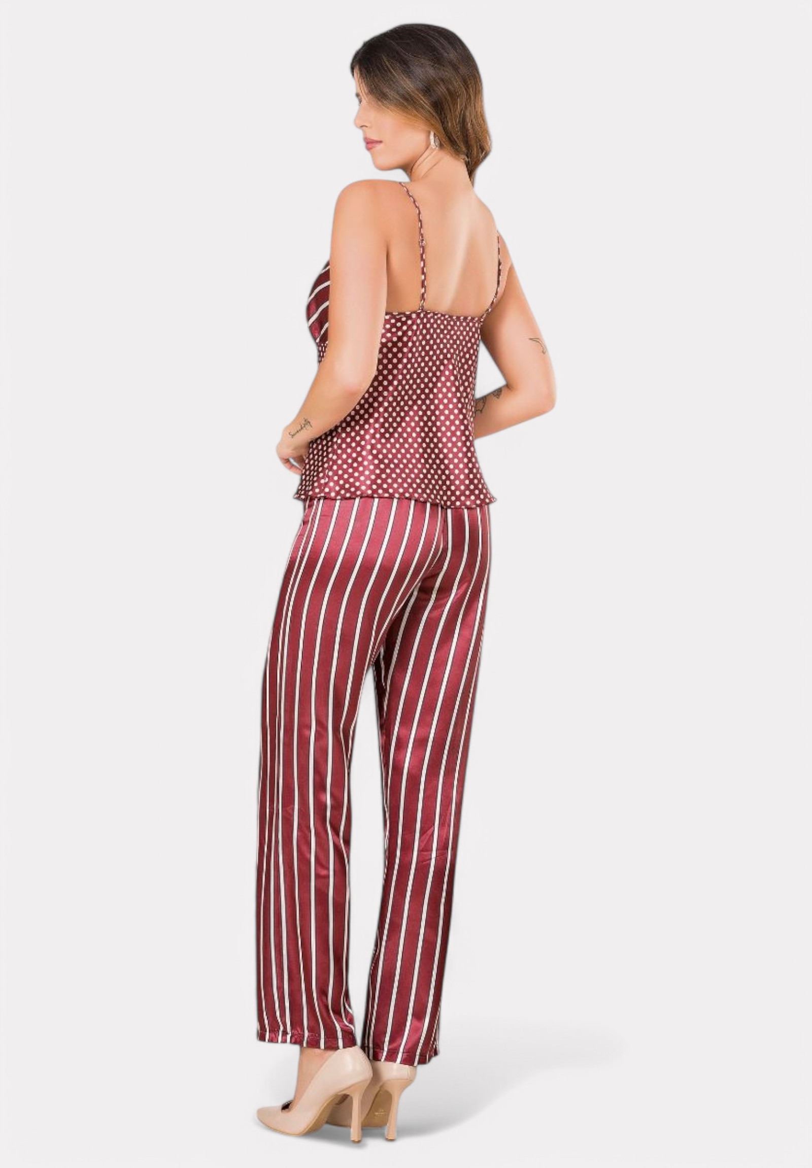 Σετ Πιτζάμα με Ρόμπα Σατέν Moongirl Bordo Dots & Stripes MG203-Μπορντώ φωτογραφία