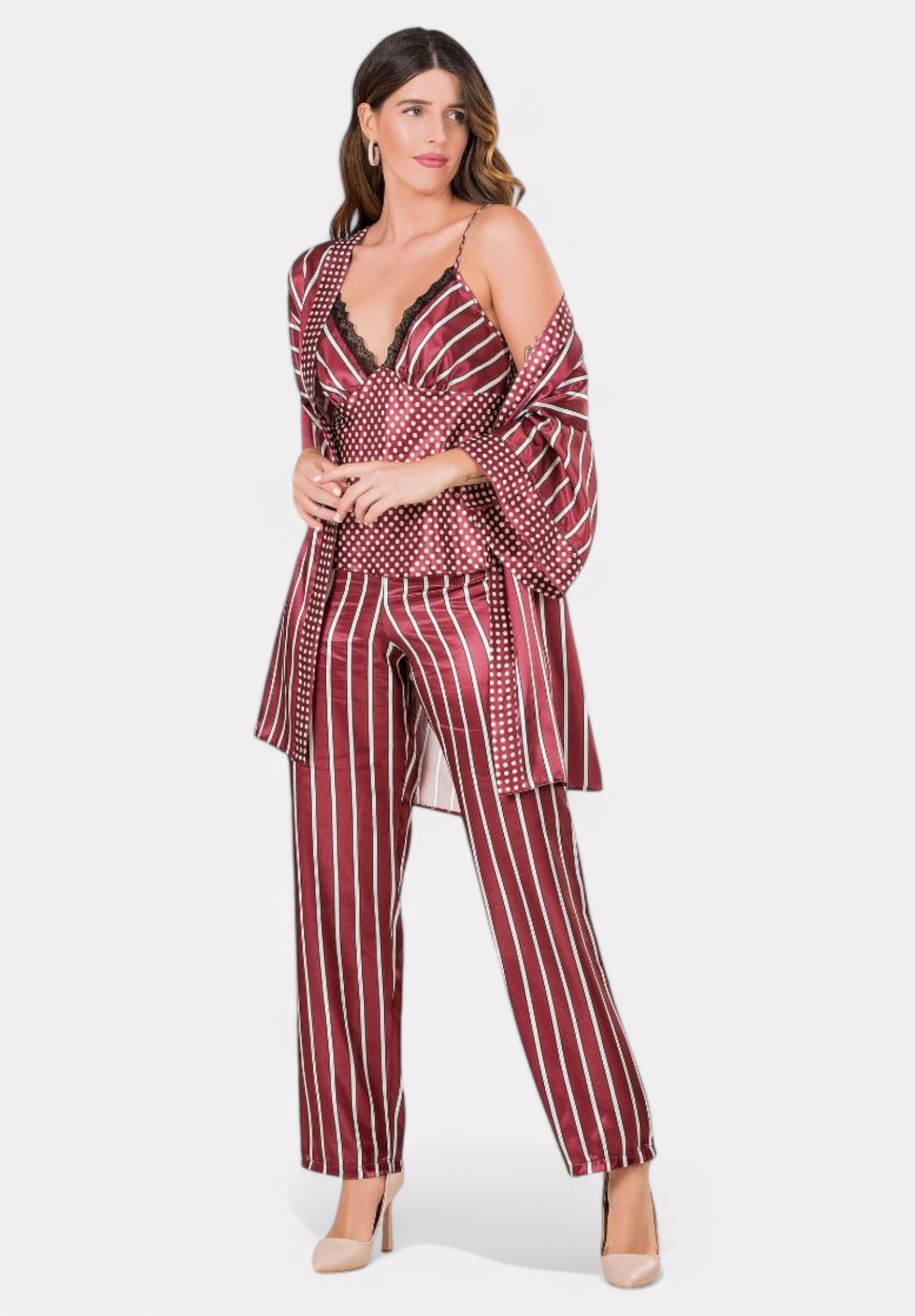 Σετ Πιτζάμα με Ρόμπα Σατέν Moongirl Bordo Dots & Stripes MG203-Μπορντώ φωτογραφία