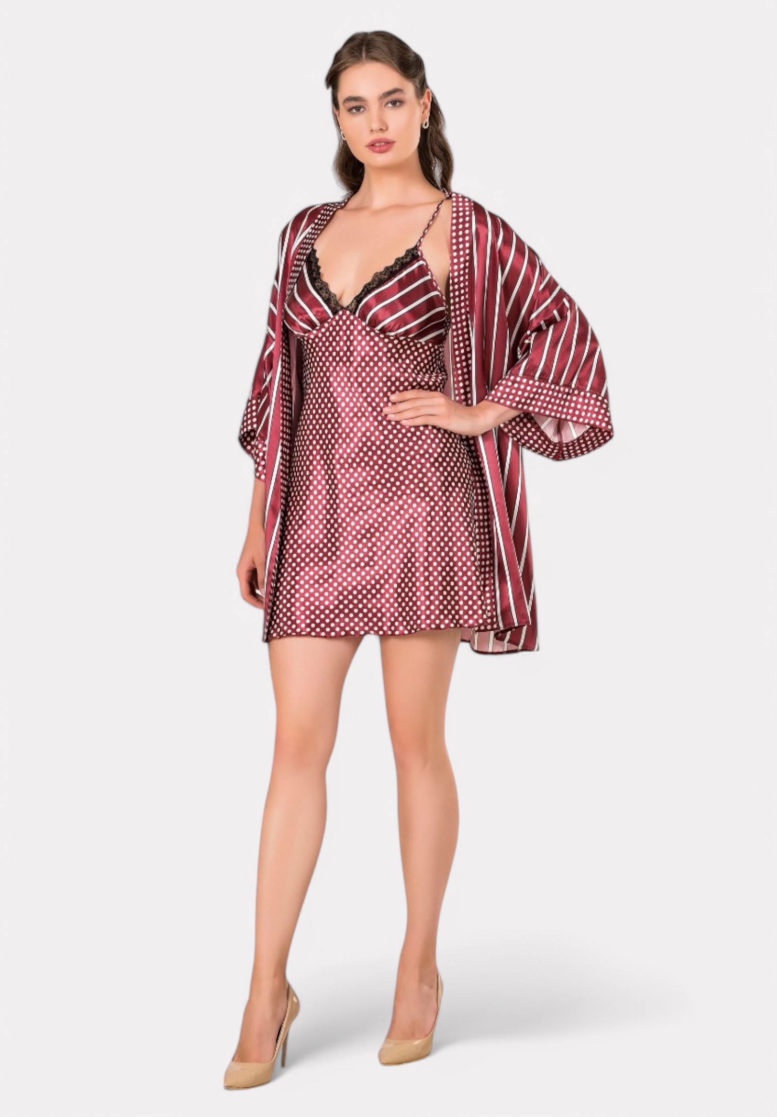 Moongirl Σετ Babydoll - Ρόμπα Moongirl σατέν Dots & Stripes MG204-Μπορντώ