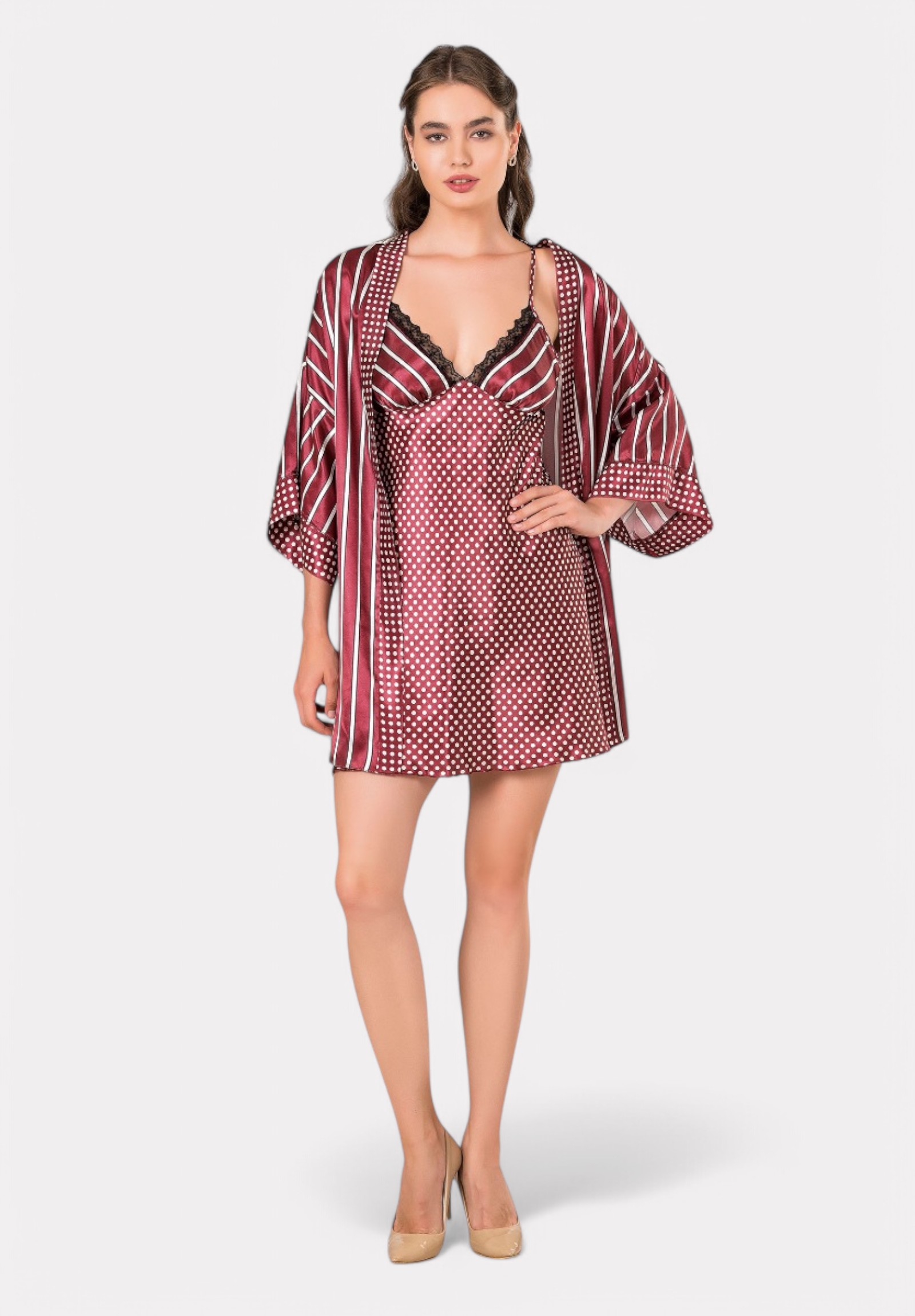 Σετ Babydoll - Ρόμπα Moongirl σατέν Dots & Stripes MG204-Μπορντώ φωτογραφία