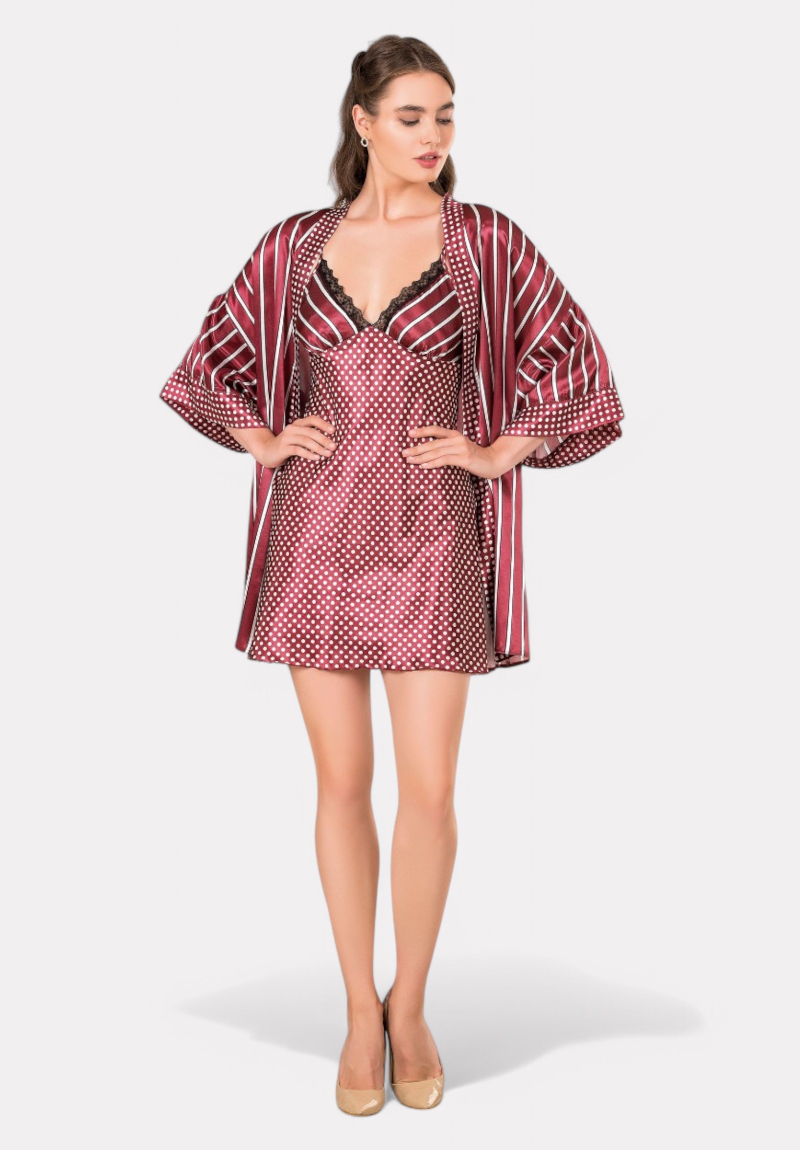 Σετ Babydoll - Ρόμπα Moongirl σατέν Dots & Stripes MG204-Μπορντώ φωτογραφία