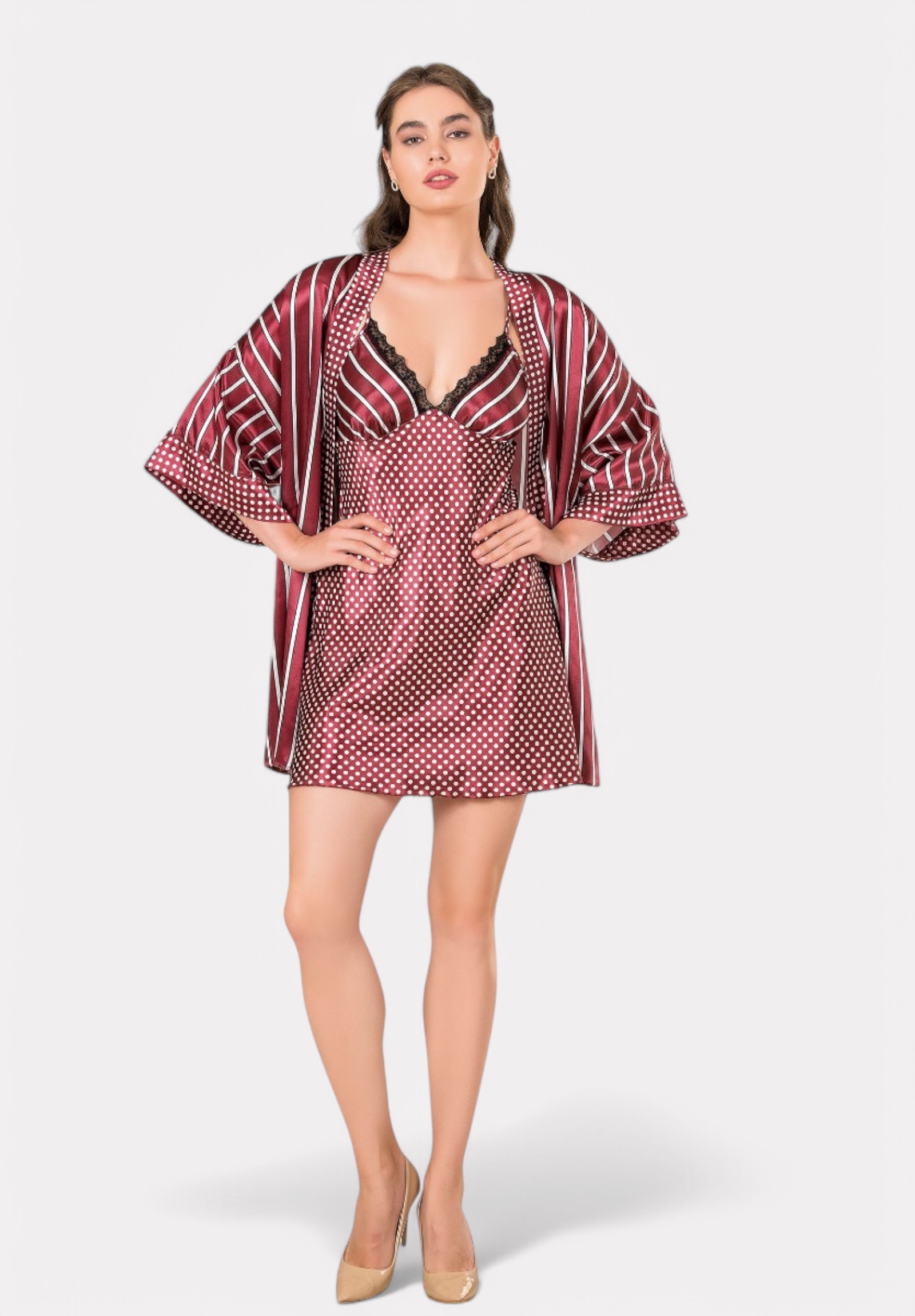Σετ Babydoll - Ρόμπα Moongirl σατέν Dots & Stripes MG204-Μπορντώ φωτογραφία