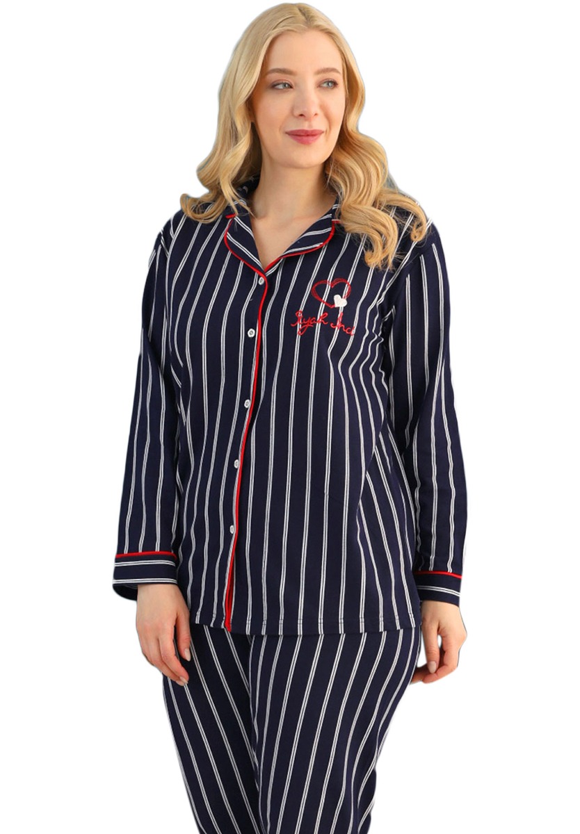 Πιτζάμα γυναικεία Plus Size πικέ με κουμπιά Blue Navy 75016 φωτογραφία