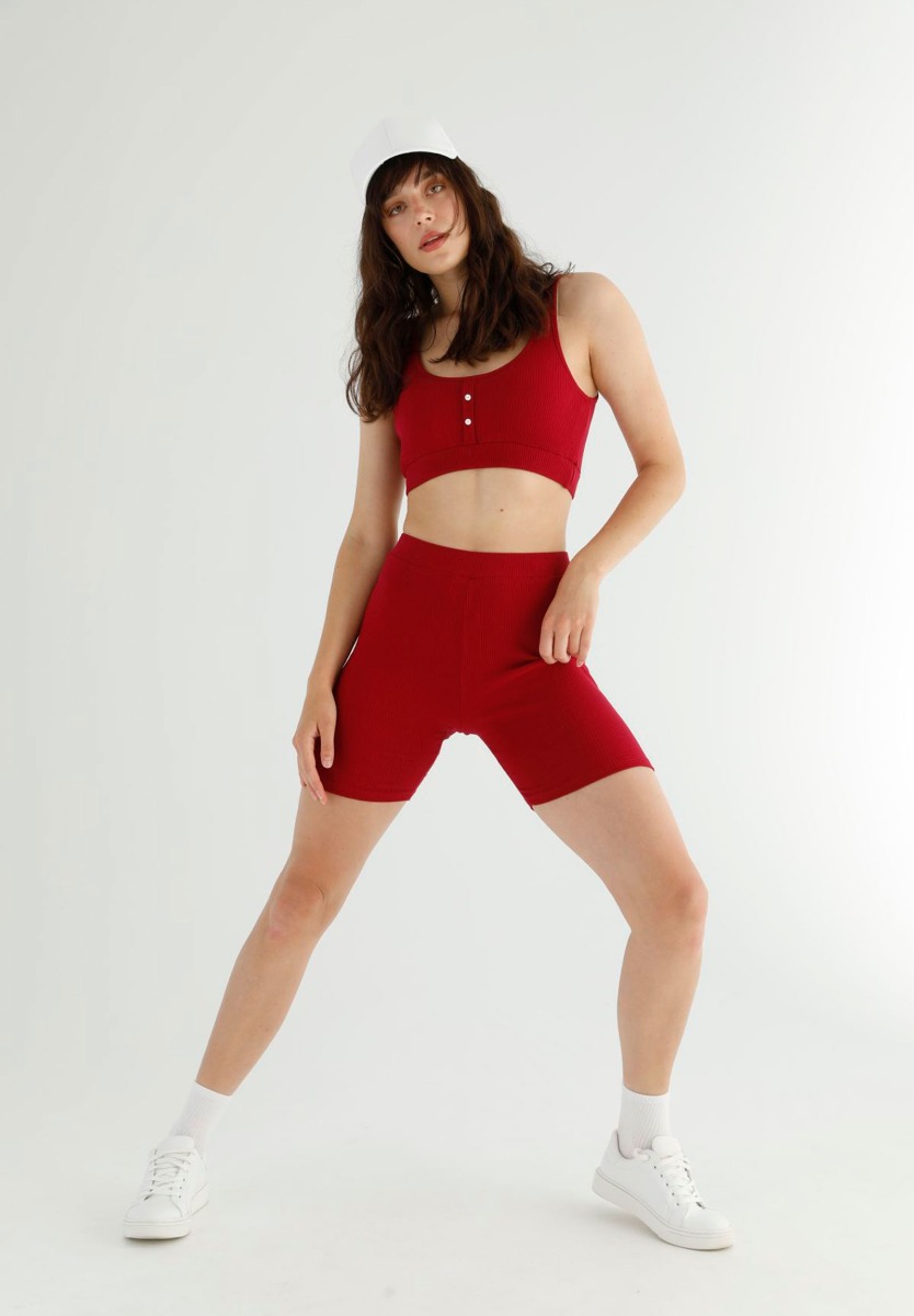 Σετ Κολάν Biker με αθλητικό μπουστάκι Rib Wine Red 77505 φωτογραφία