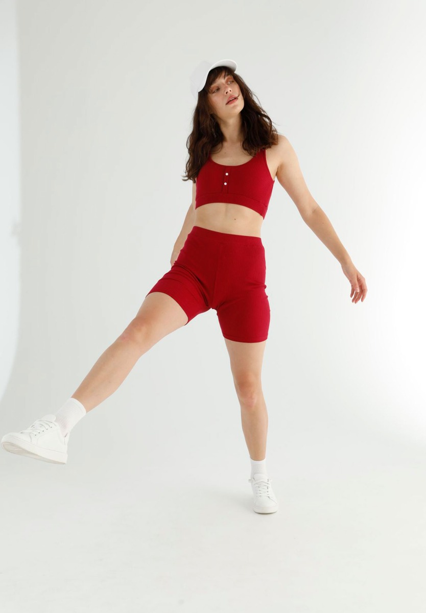 Siyah Inci Σετ Κολάν Biker με αθλητικό μπουστάκι Rib Wine Red 77505