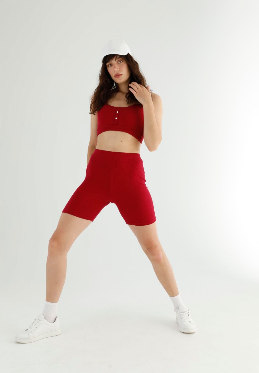 Σετ Κολάν Biker με αθλητικό μπουστάκι Rib Wine Red 77505 φωτογραφία