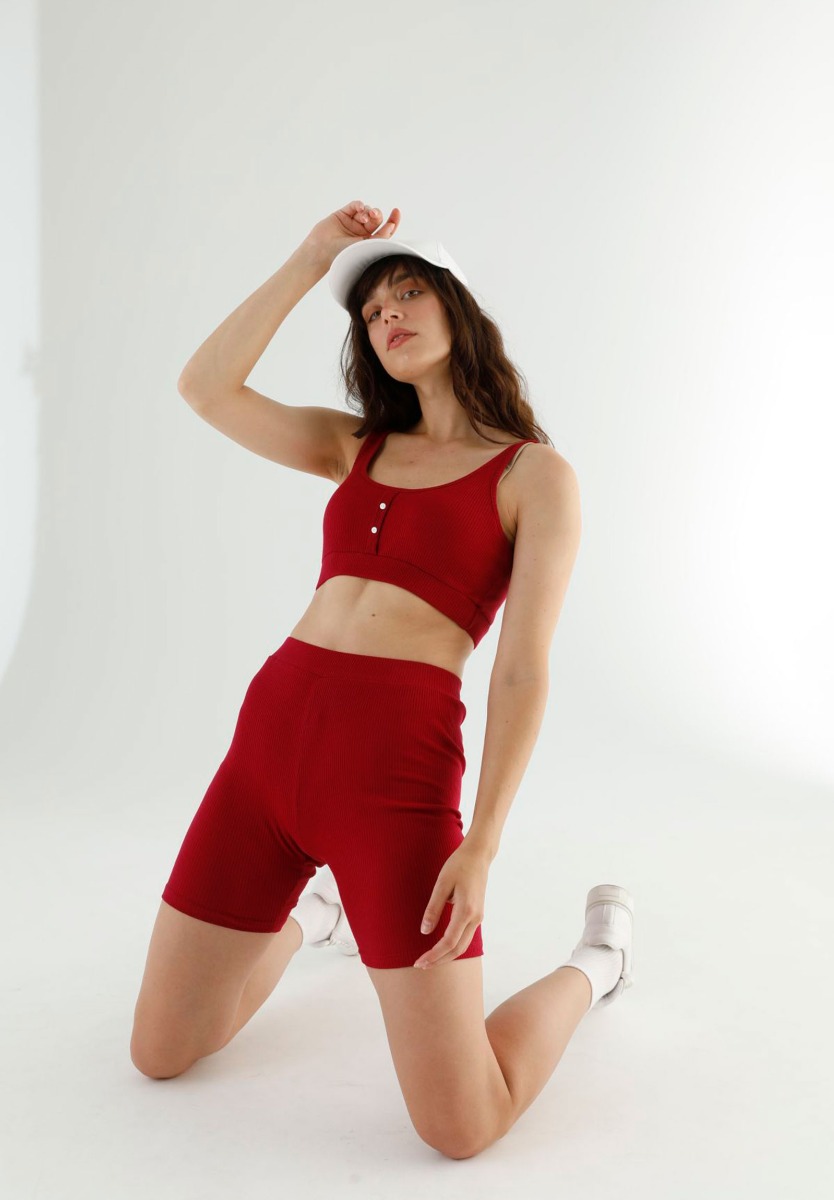 Σετ Κολάν Biker με αθλητικό μπουστάκι Rib Wine Red 77505 φωτογραφία