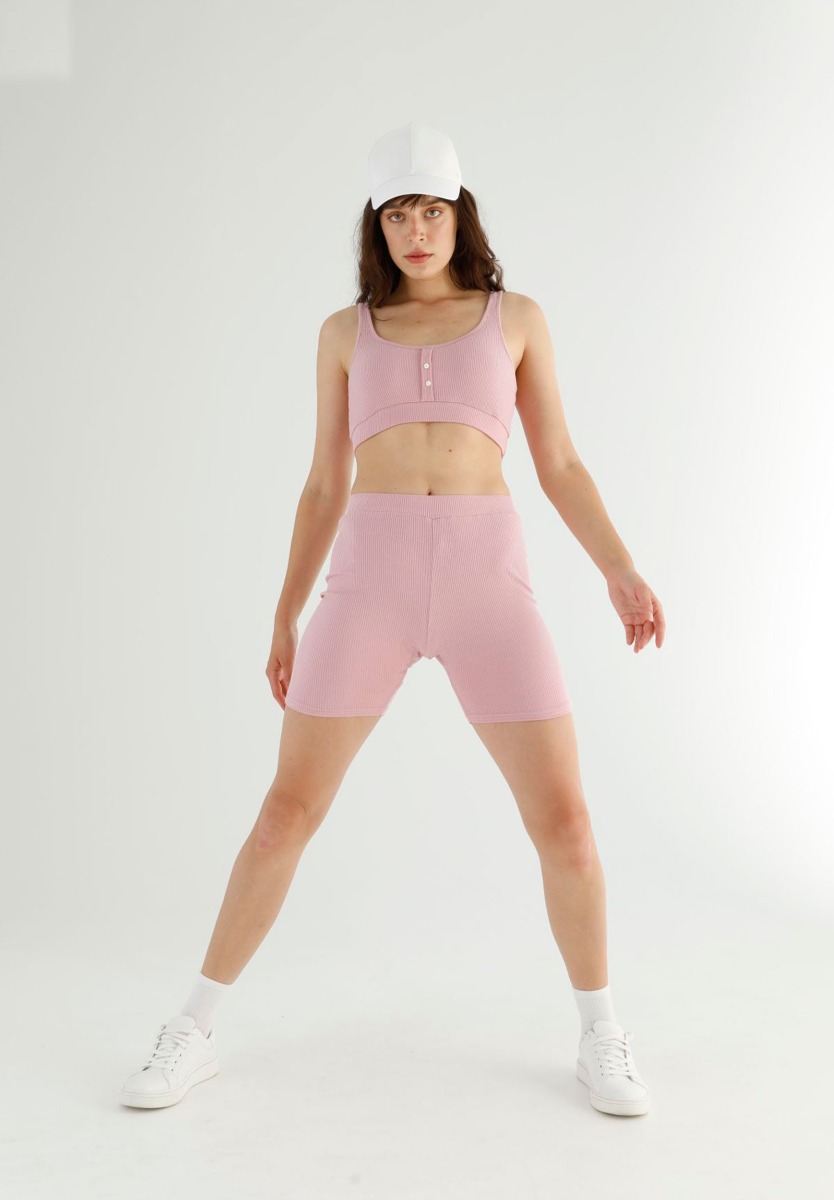 Siyah Inci Σετ Κολάν Biker με αθλητικό μπουστάκι Rib Dusty Pink 77507