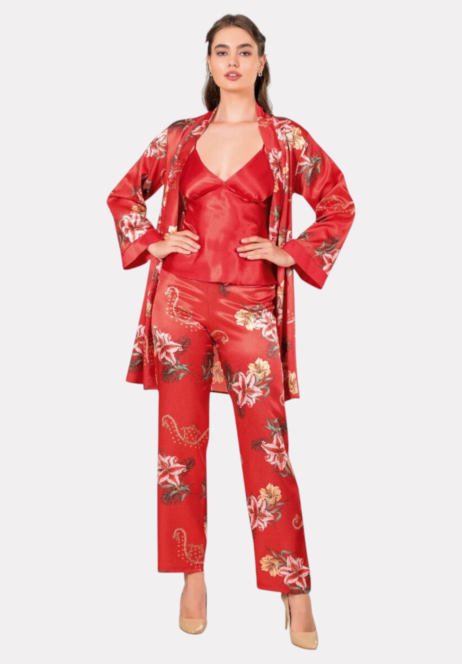 Moongirl Σετ Ρόμπα - Πιτζάμα Moongirl Red Lilies MG219-Κόκκινο