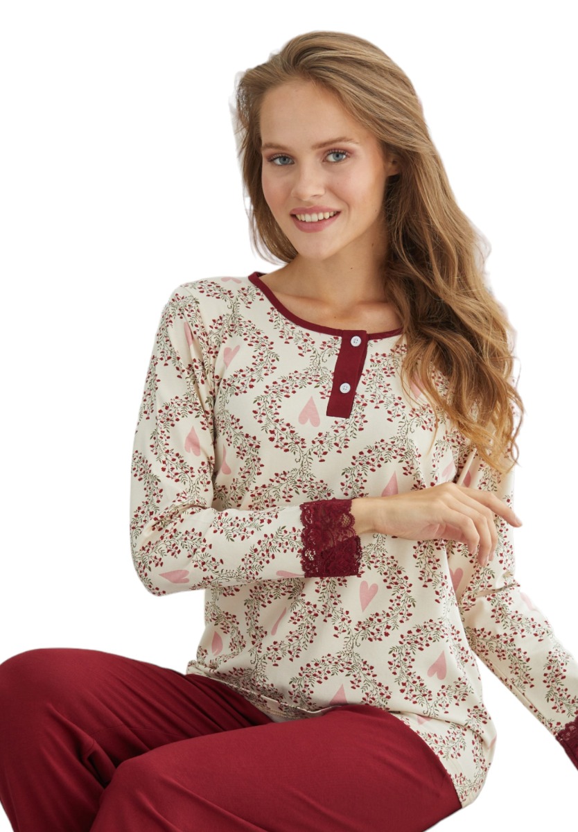 Πιτζάμα γυναικεία βαμβακερή Sexen Red Roses SXN23241016-1-Εκρού φωτογραφία