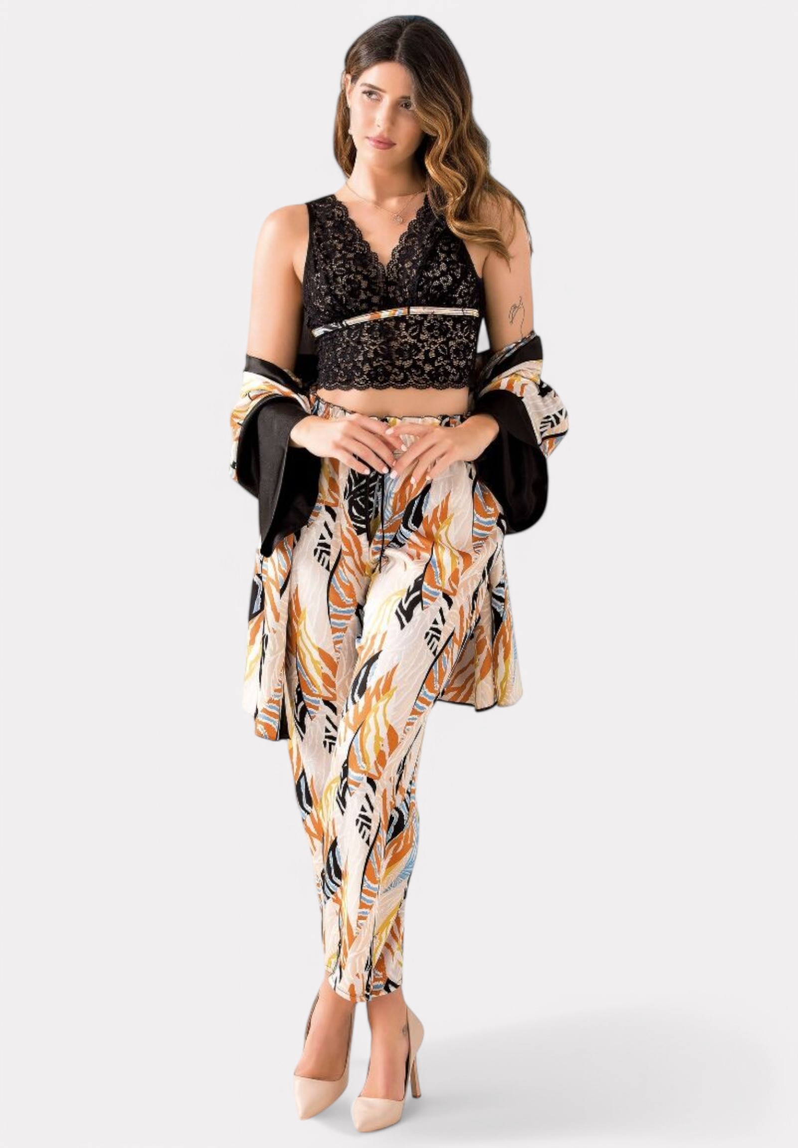 Σετ Ρόμπα - Πιτζάμα σατέν Moongirl Earth Vibes MG233-Εκρού φωτογραφία