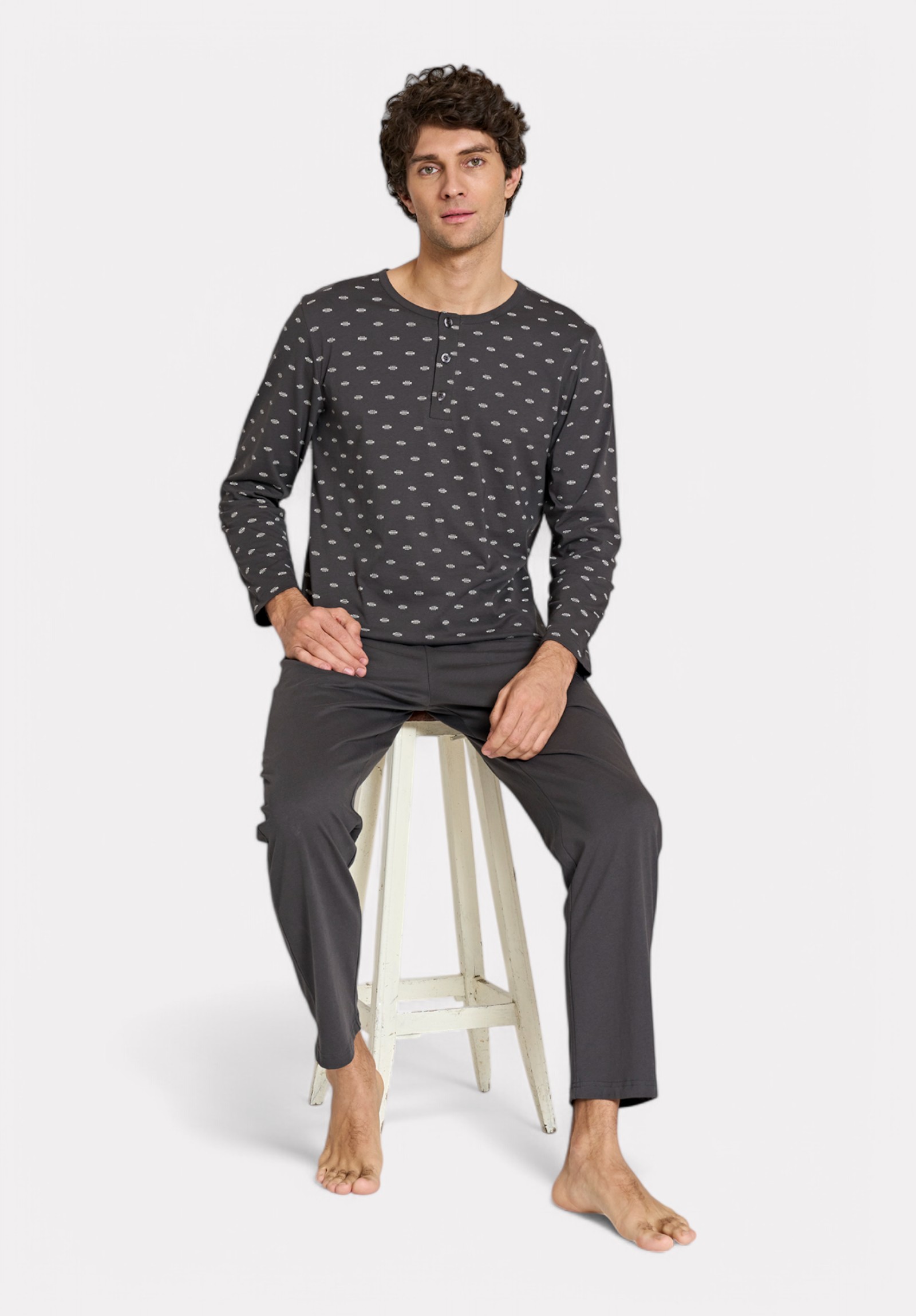 Pijadore Ανθρακί Ανδρική Πιτζάμα με Σχέδιο και Κουμπιά – Μακρυμάνικη PJDR1824-2-Ανθρακί φωτογραφία