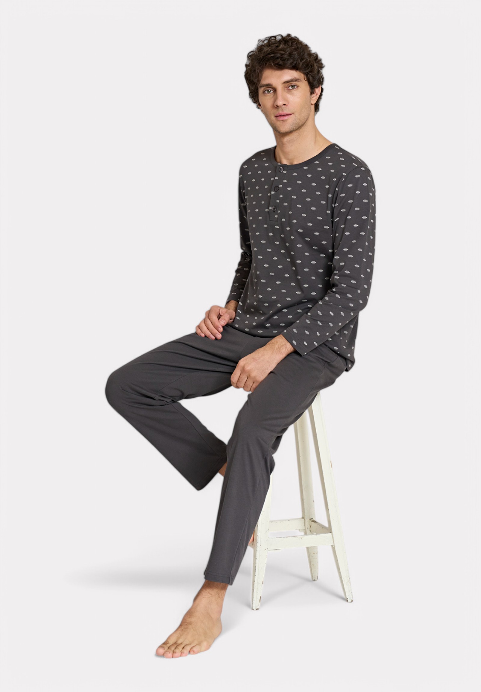 Pijadore Ανθρακί Ανδρική Πιτζάμα με Σχέδιο και Κουμπιά – Μακρυμάνικη PJDR1824-2-Ανθρακί φωτογραφία