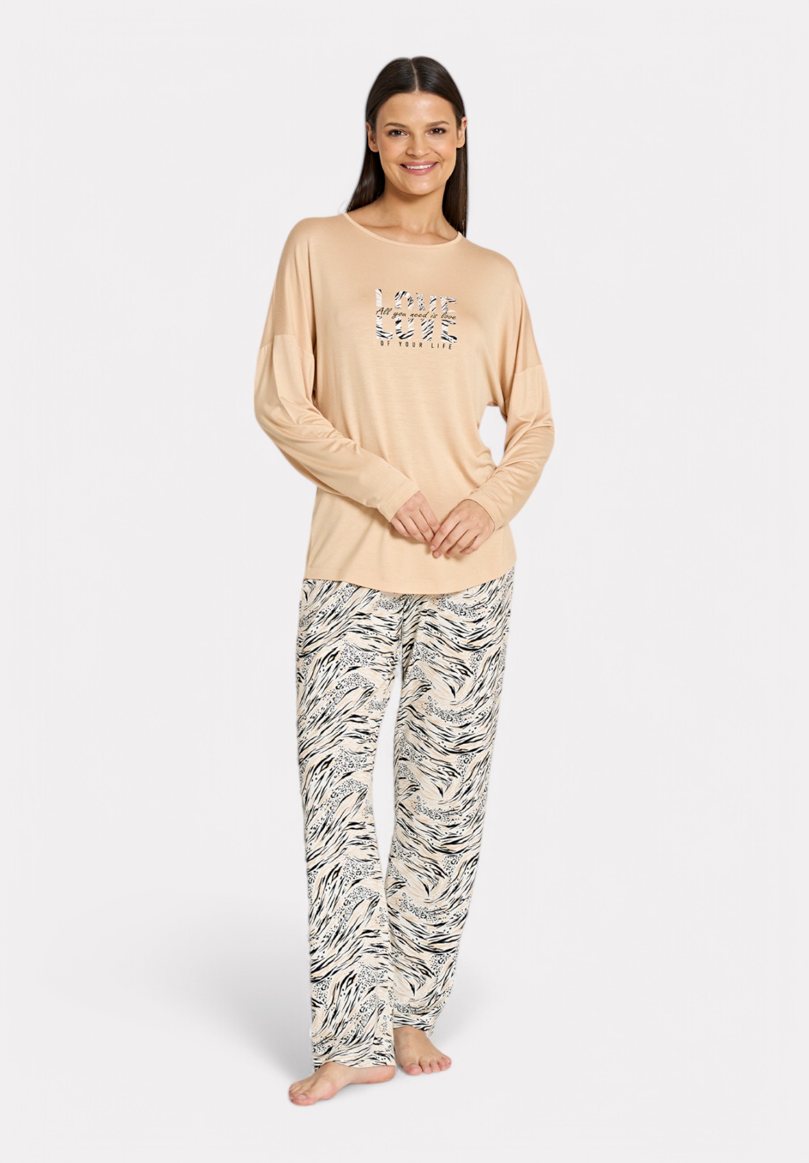 Pijadore Pijadore Πιτζάμα Μπεζ με Animal Print – Μακρυμάνικη PJDR1812-1-Μπεζ