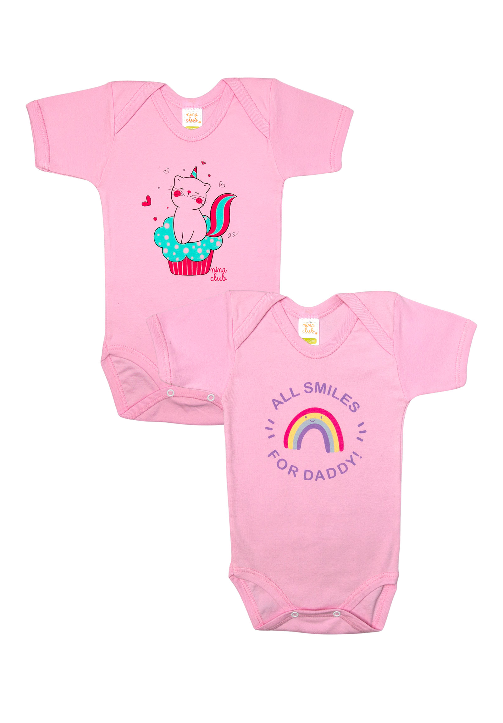 Nina Club Κορμάκια βρεφικά βαμβακερά με κοντό μανίκι Girl Nina Club 2 τεμάχια NC29GIRL-Ροζ