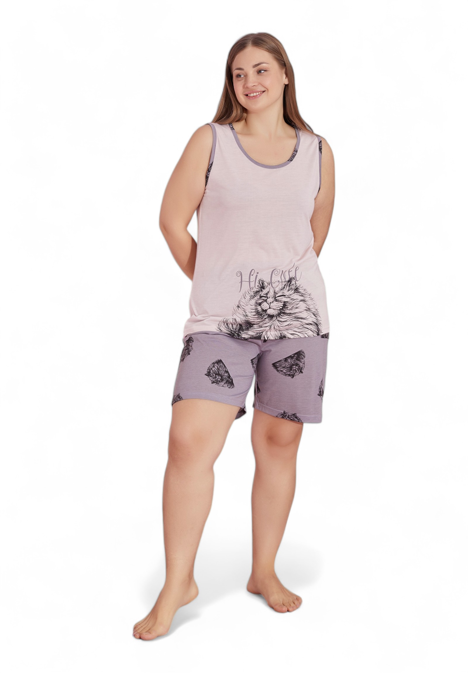 Pijamood Πιτζάμα γυναικεία με σορτσάκι Plus Size PijaMood Hi Cute PJMD30714-Σάπιο Μήλο