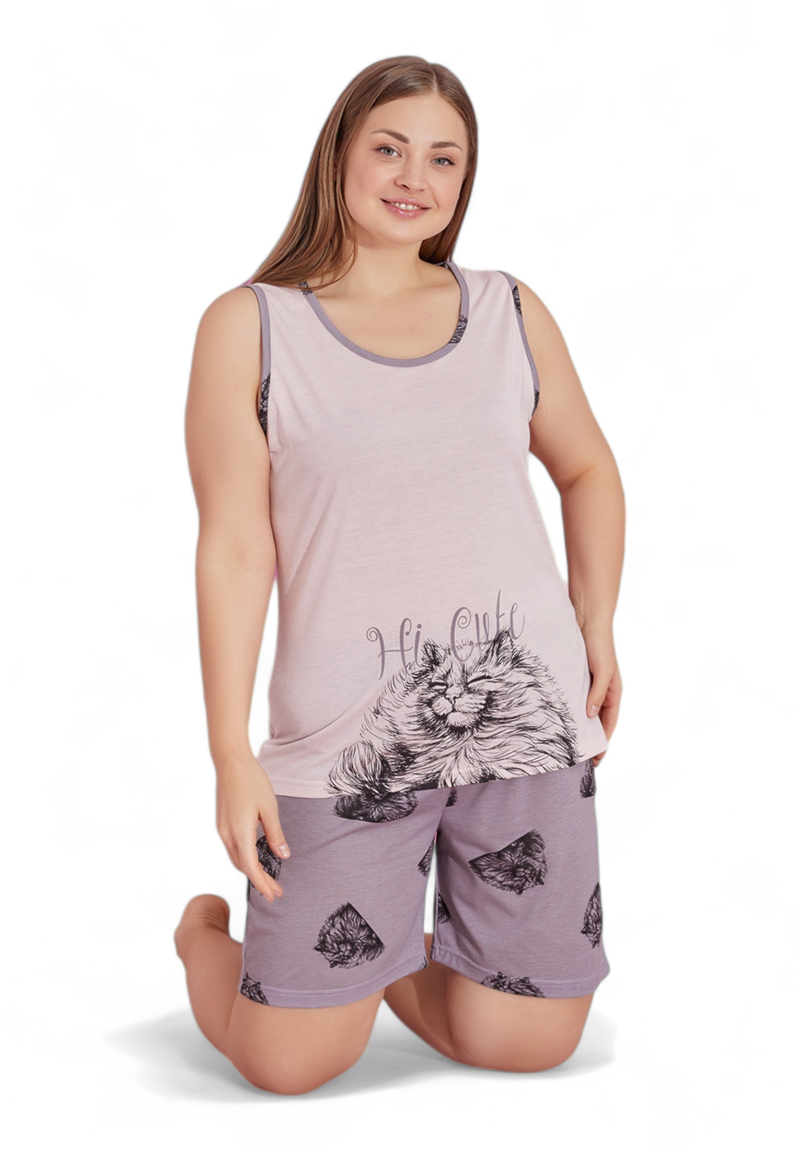 Πιτζάμα γυναικεία με σορτσάκι Plus Size PijaMood Hi Cute PJMD30714-Σάπιο Μήλο φωτογραφία