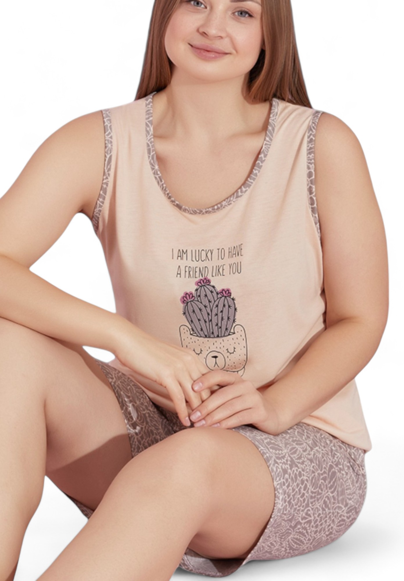 Πιτζάμα γυναικεία με σορτσάκι Plus Size PijaMood Cactus Beige PJMD30774-Μπεζ φωτογραφία