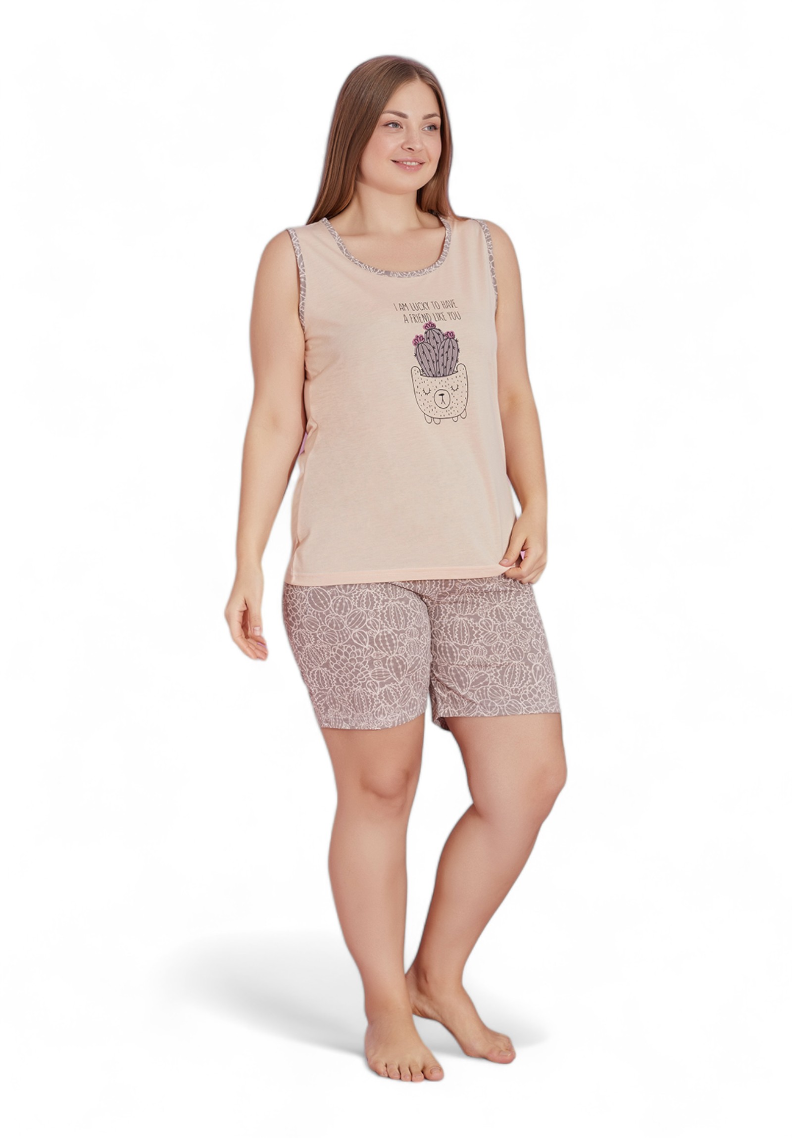 Pijamood Πιτζάμα γυναικεία με σορτσάκι Plus Size PijaMood Cactus Beige PJMD30774-Μπεζ