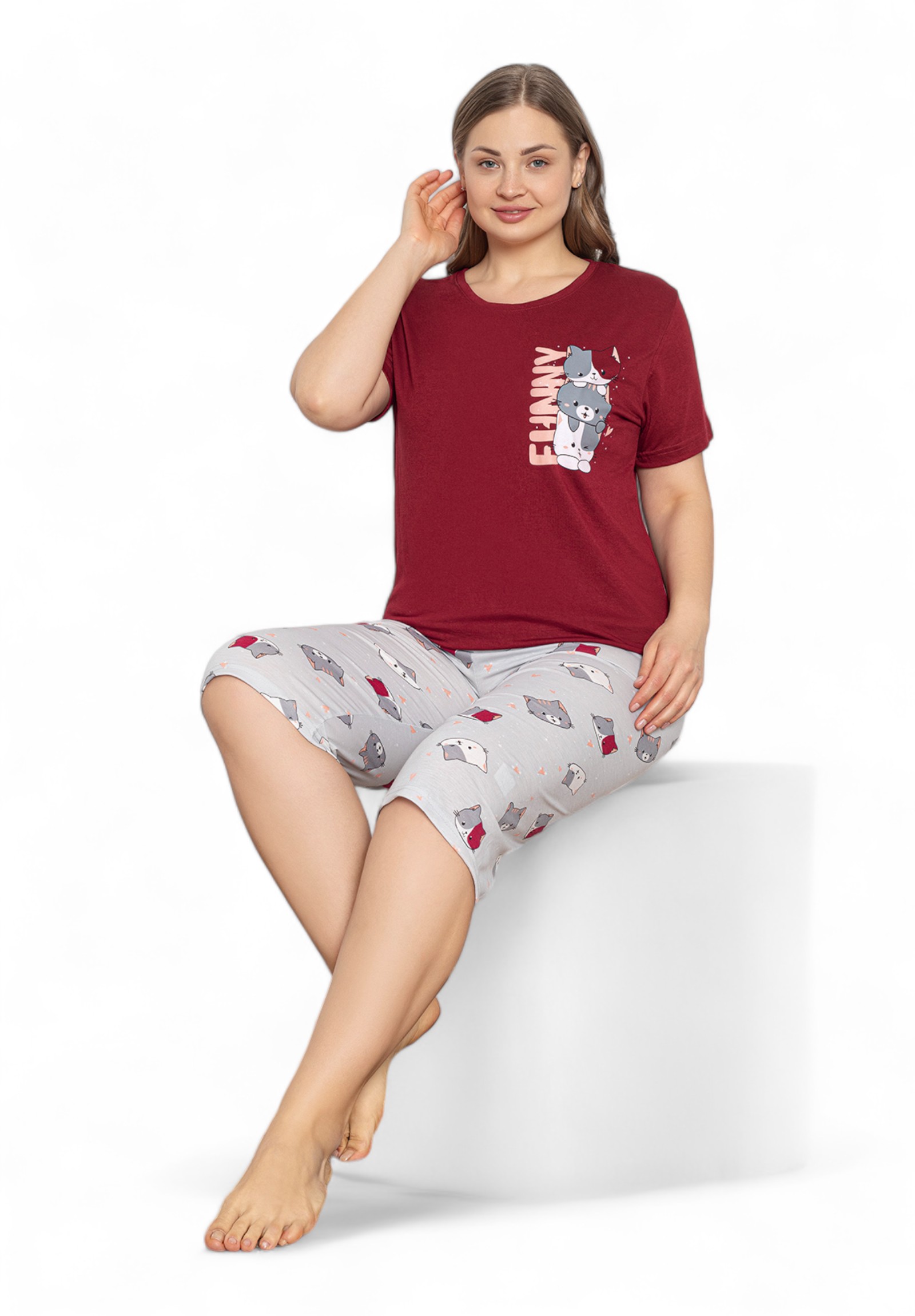 Pijamood Πιτζάμα γυναικεία με κάπρι Plus Size PijaMood Funny PJMD31554-Μπορντώ