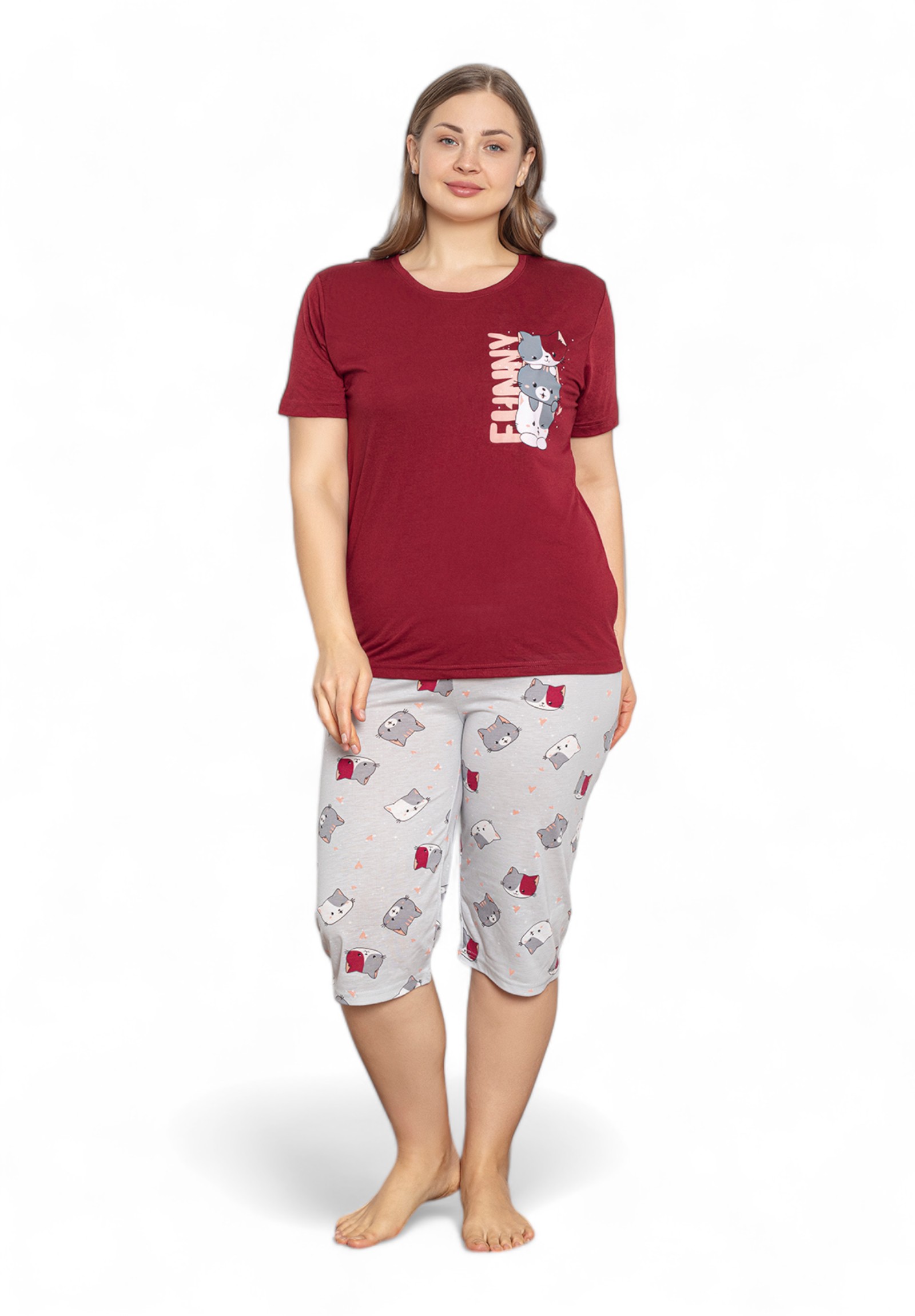 Πιτζάμα γυναικεία με κάπρι Plus Size PijaMood Funny PJMD31554-Μπορντώ φωτογραφία