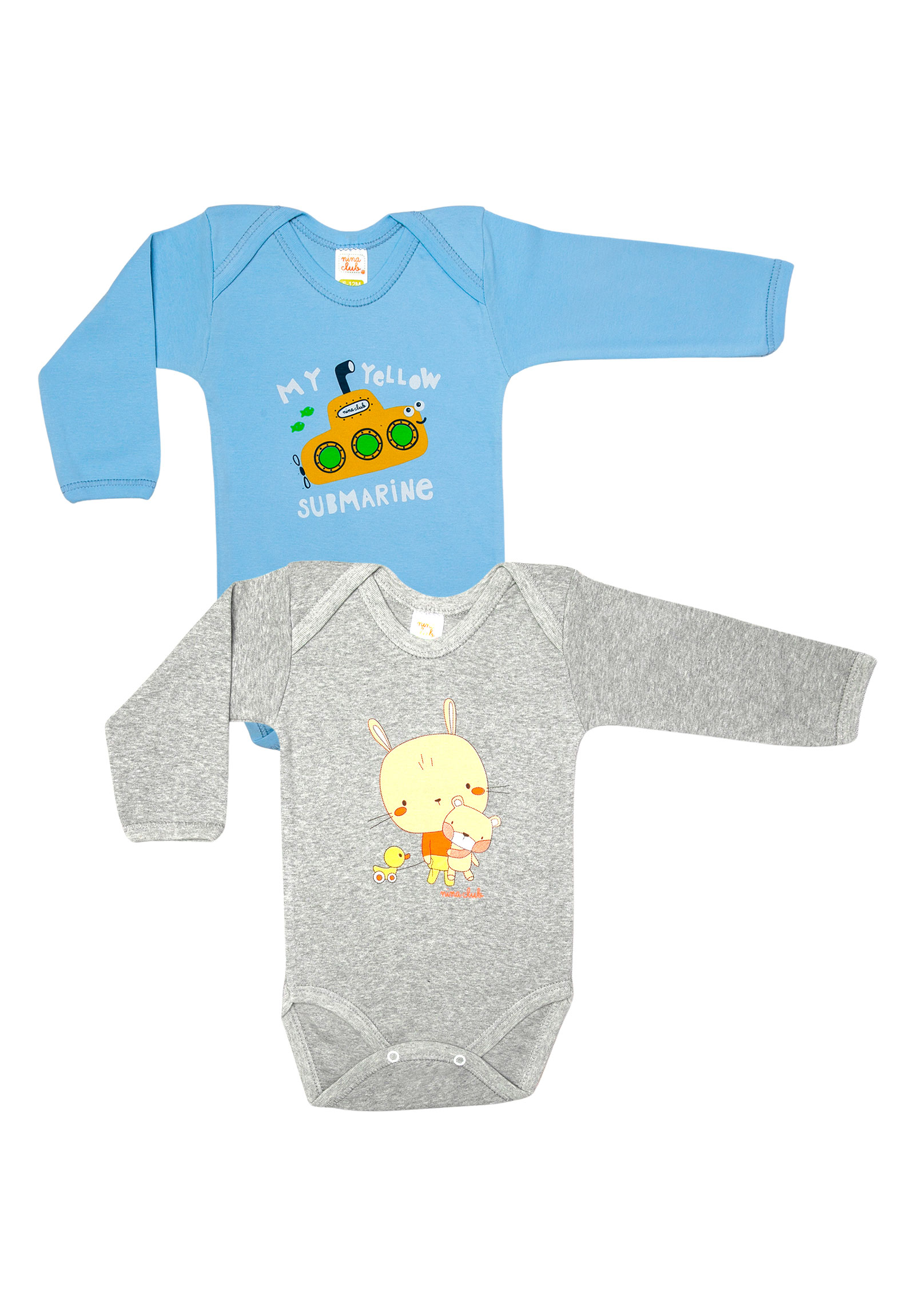 Nina Club Κορμάκια βρεφικά βαμβακερά μακρύ μανίκι Boy Nina Club 2 τεμάχια NC31BOY-Γκρι - Γαλάζιο