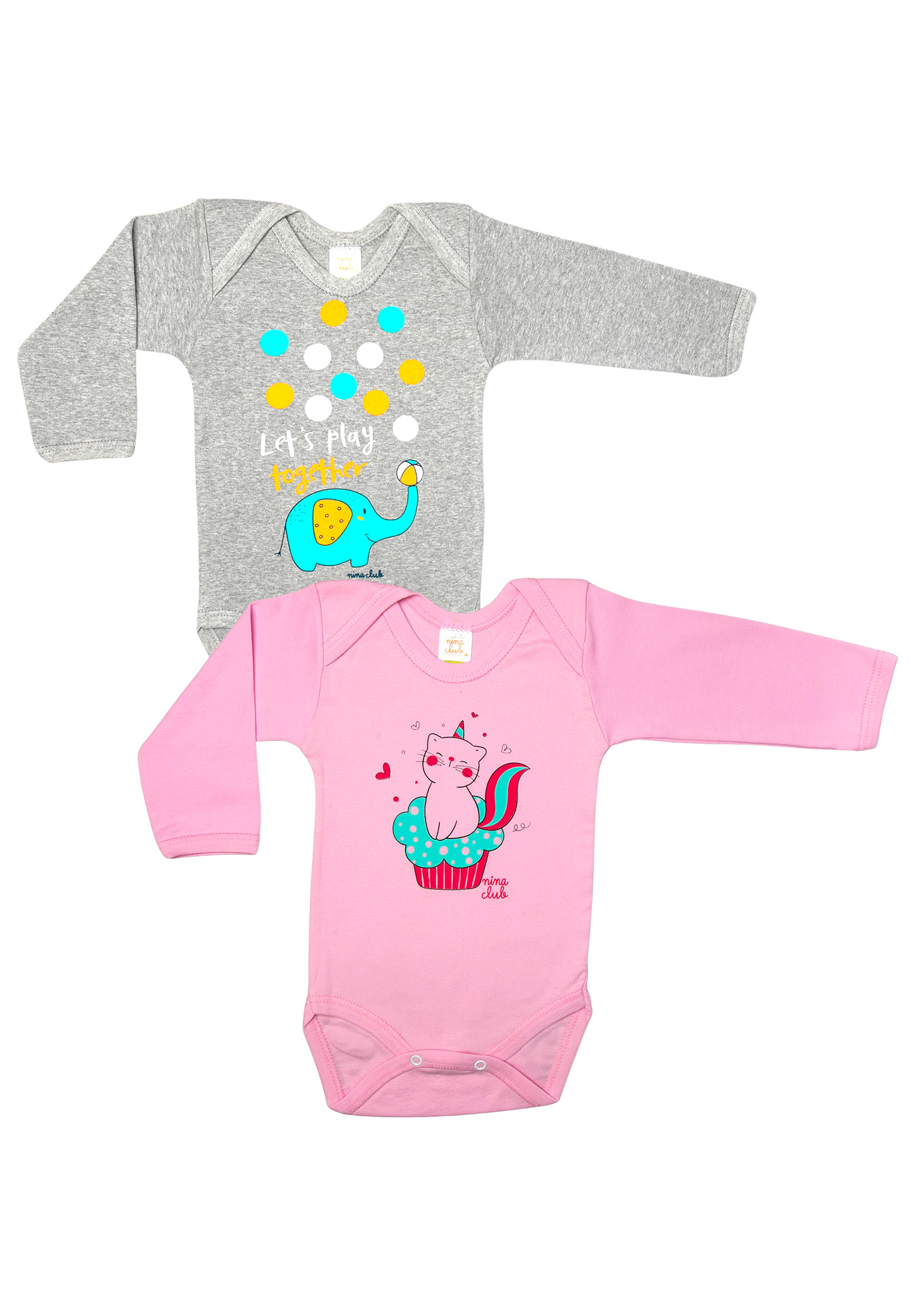 Nina Club Κορμάκια βρεφικά μακρύ μανίκι Girl Nina Club 2 τεμάχια NC31GIRL-Γκρι - Ροζ