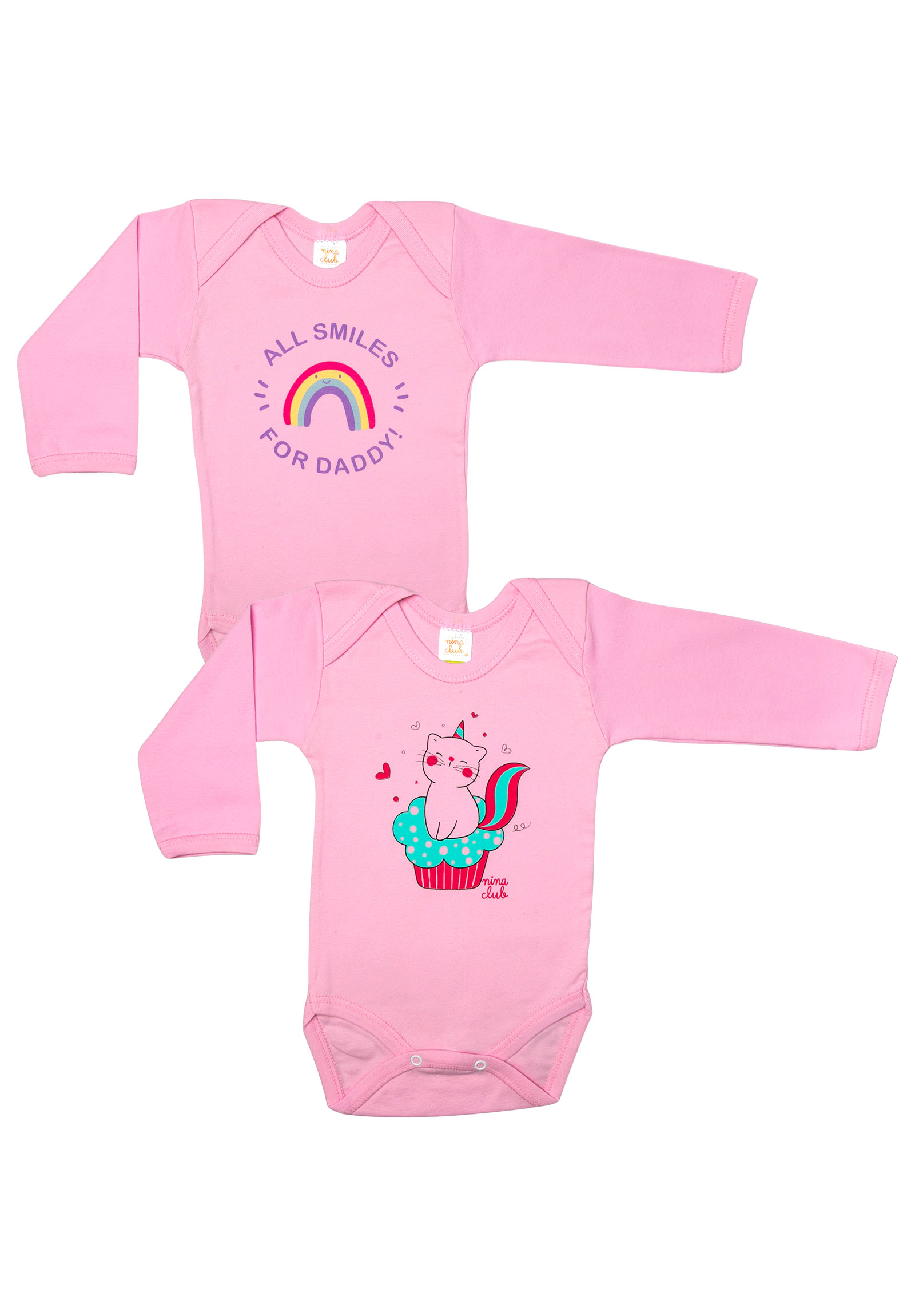 Nina Club Κορμάκια βρεφικά μακρύ μανίκι Girl Nina Club 2 τεμάχια NC31GIRL-Ροζ