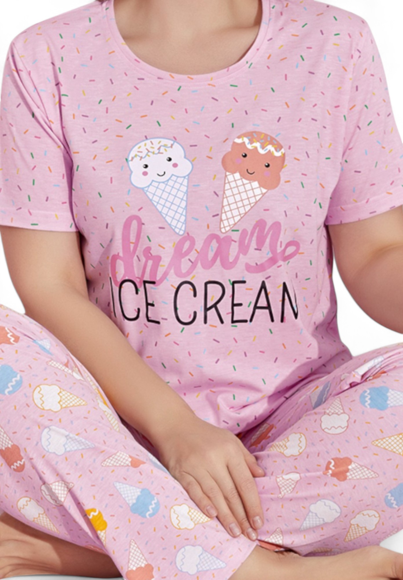 Πιτζάμα γυναικεία με μακρύ παντελόνι Plus Size PijaMood Ice Cream PJMD32184-Ροζ φωτογραφία