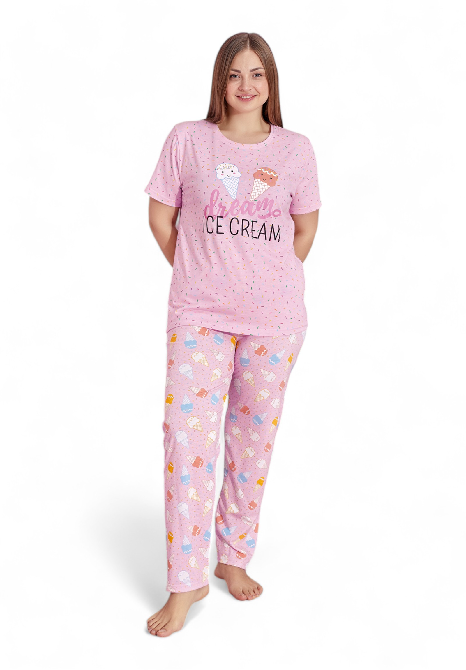 Pijamood Πιτζάμα γυναικεία με μακρύ παντελόνι Plus Size PijaMood Ice Cream PJMD32184-Ροζ