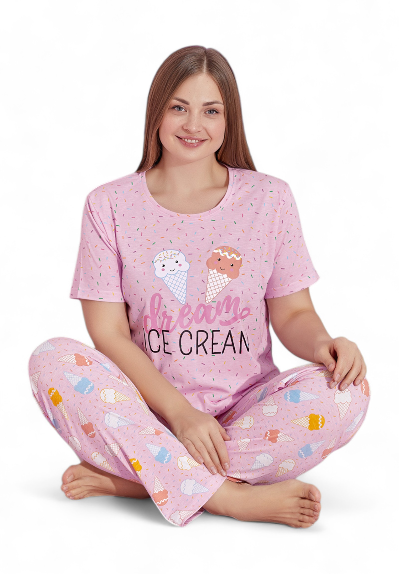 Πιτζάμα γυναικεία με μακρύ παντελόνι Plus Size PijaMood Ice Cream PJMD32184-Ροζ φωτογραφία