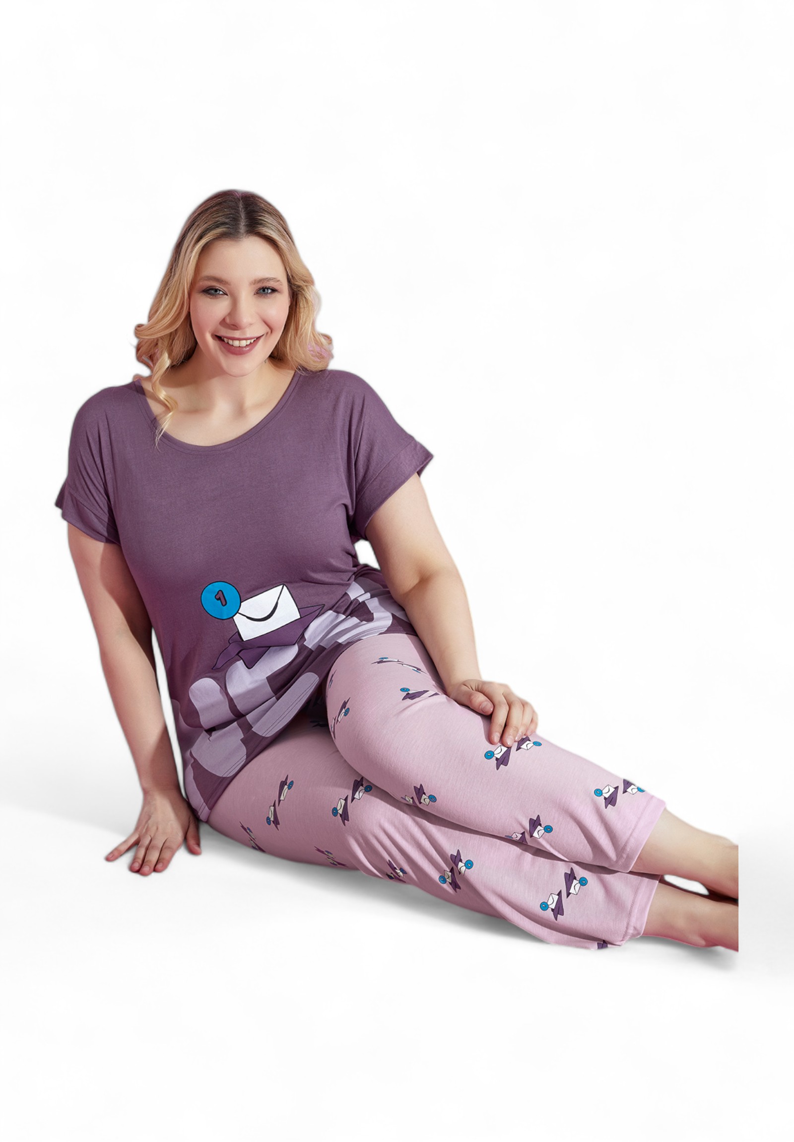 Πιτζάμα γυναικεία με μακρύ παντελόνι Plus Size PijaMood Letter PJMD32538-Μωβ φωτογραφία